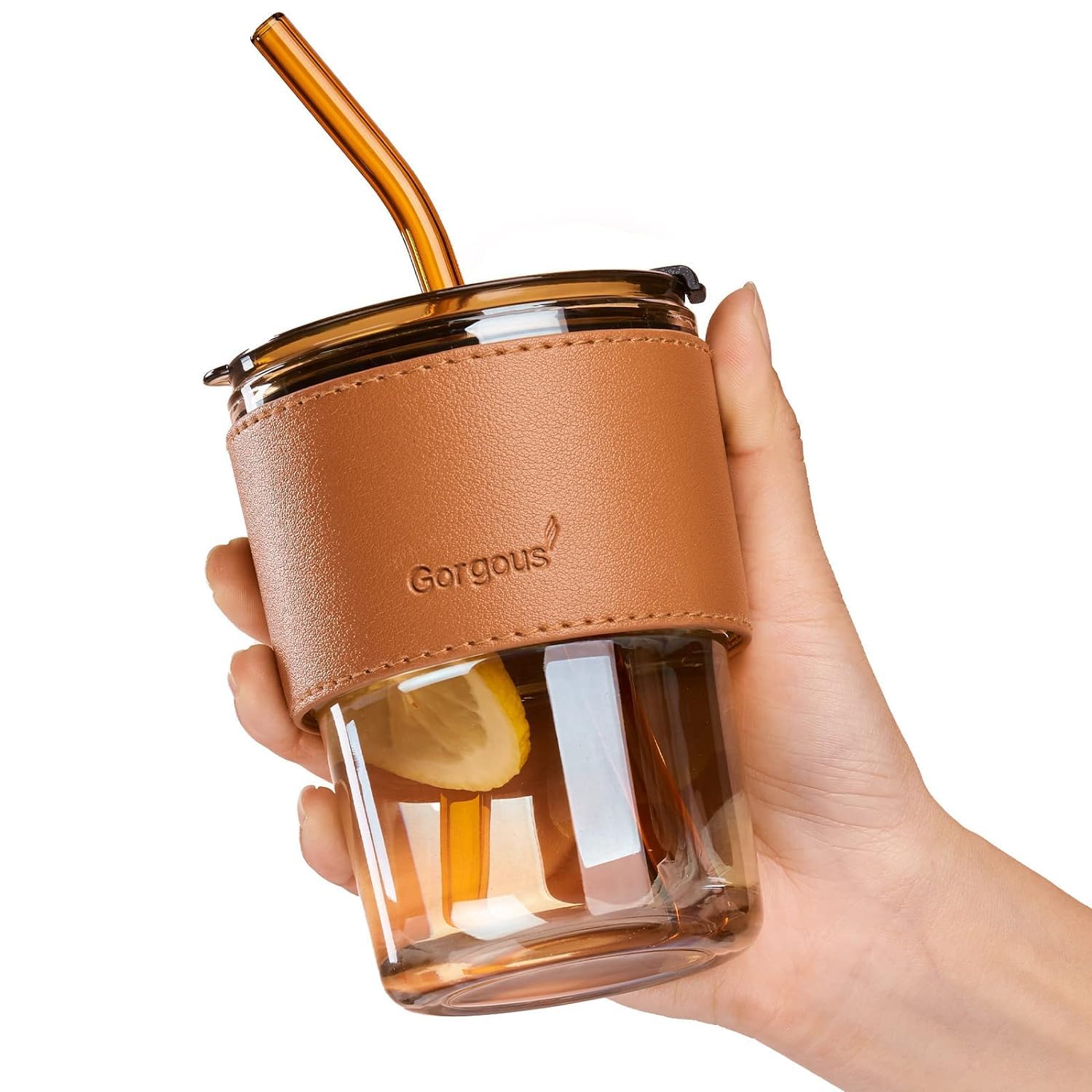 Glass Tumbler with Straw and Lid, 15oz Glass Cup with Leather Protective Sleeve, Reusable Cup for Straw and Direct Drinking Mouth Dual Use