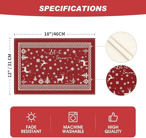 Miniatura 6 de Artoid Mode Juego de 4 manteles individuales de invierno con copos de nieve de reno, 12 x 18 pulgadas, manteles individuales de temporada color rojo