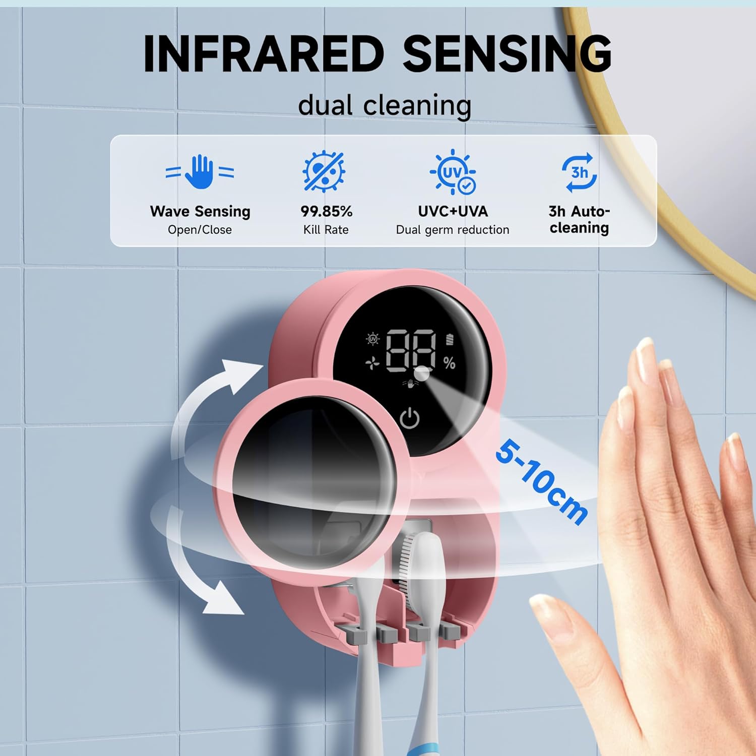 Wall-Mounted Toothbrush Holder for Bathroom, Proximity Sensor Toothbrush Cleaner, Compatible with Most Toothbrush Models, LED Smart Screen, Heating Film Drying, Rechargeable (03Pink)