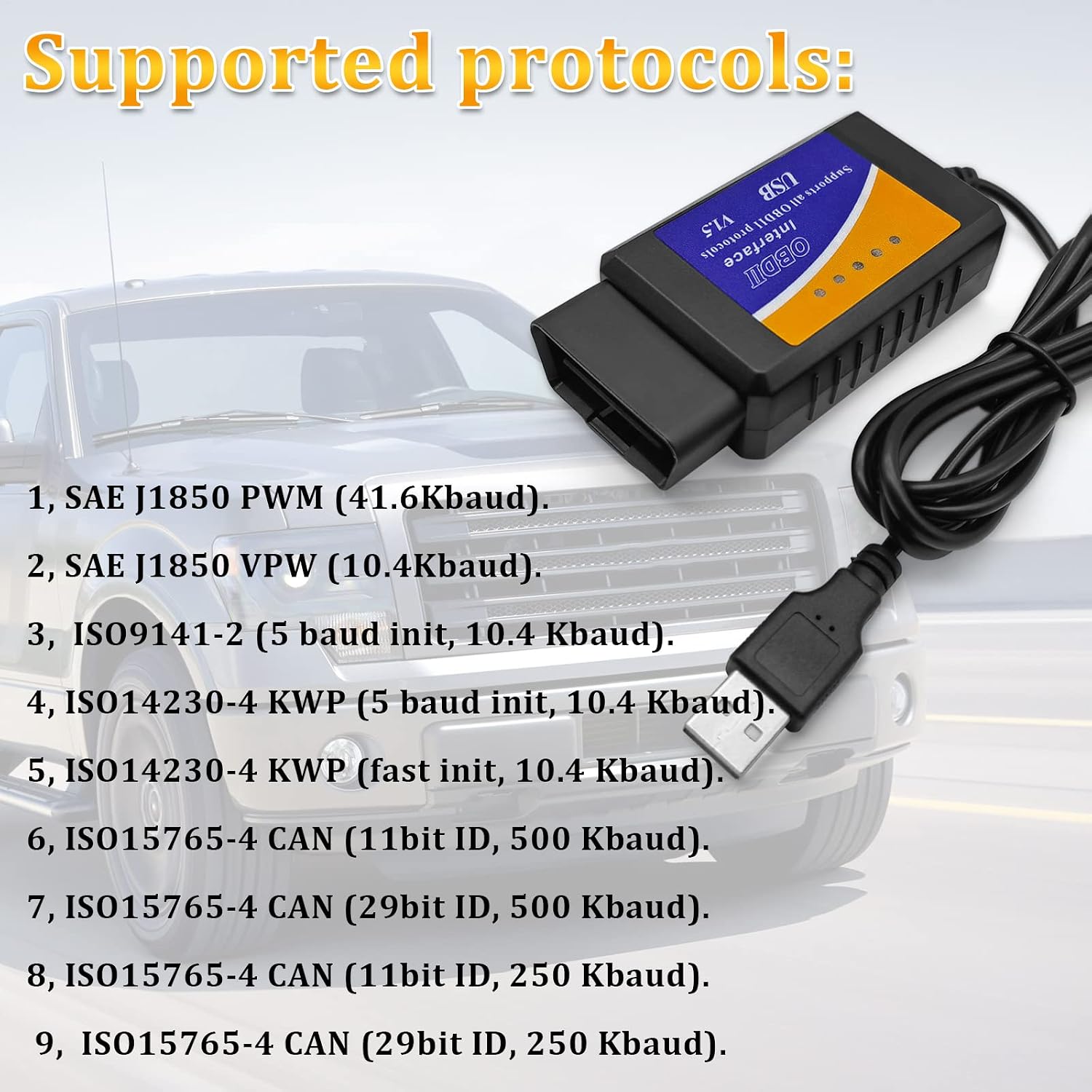 OBDII USB V1.5 Scanner OBD2 Adapter Diagnostic Cable for Multi-Brands CAN-Bus for Windows Car Fault Scanner OBDII Computer Tester Diagnostic Coding Tool with Manual 9-16V for Car and Light Truck