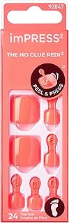 KISS imPRESS No Glue Pedi Press-On Nails, Toenails, 'Shell Yeah', Medium Orange, Short Size, Squoval Shape, Includes 24 Nails, Prep Pad, Instructions Sheet, 1 Manicure Stick, 1 Mini File