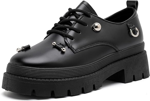 MEMON Oxford Shoes for Women,Platform Oxfords for Women,Low Heel Lace-Up Chunky Classic Oxford,Business Work Office Dress Shoes