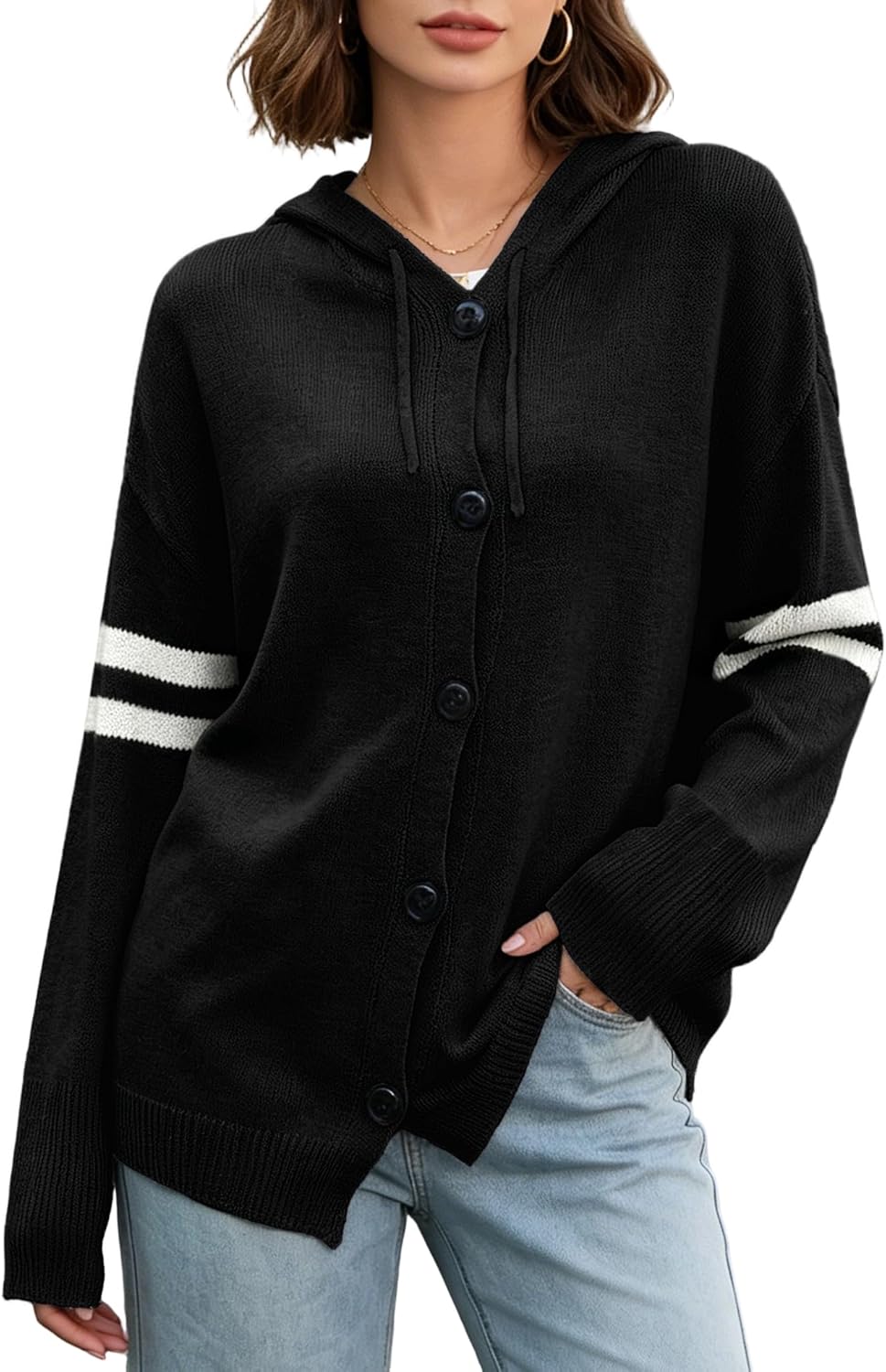 Women's Casual Cardigan V Neck Button Down Hooded Sweaters Long Sleeve Hoodies Outfits