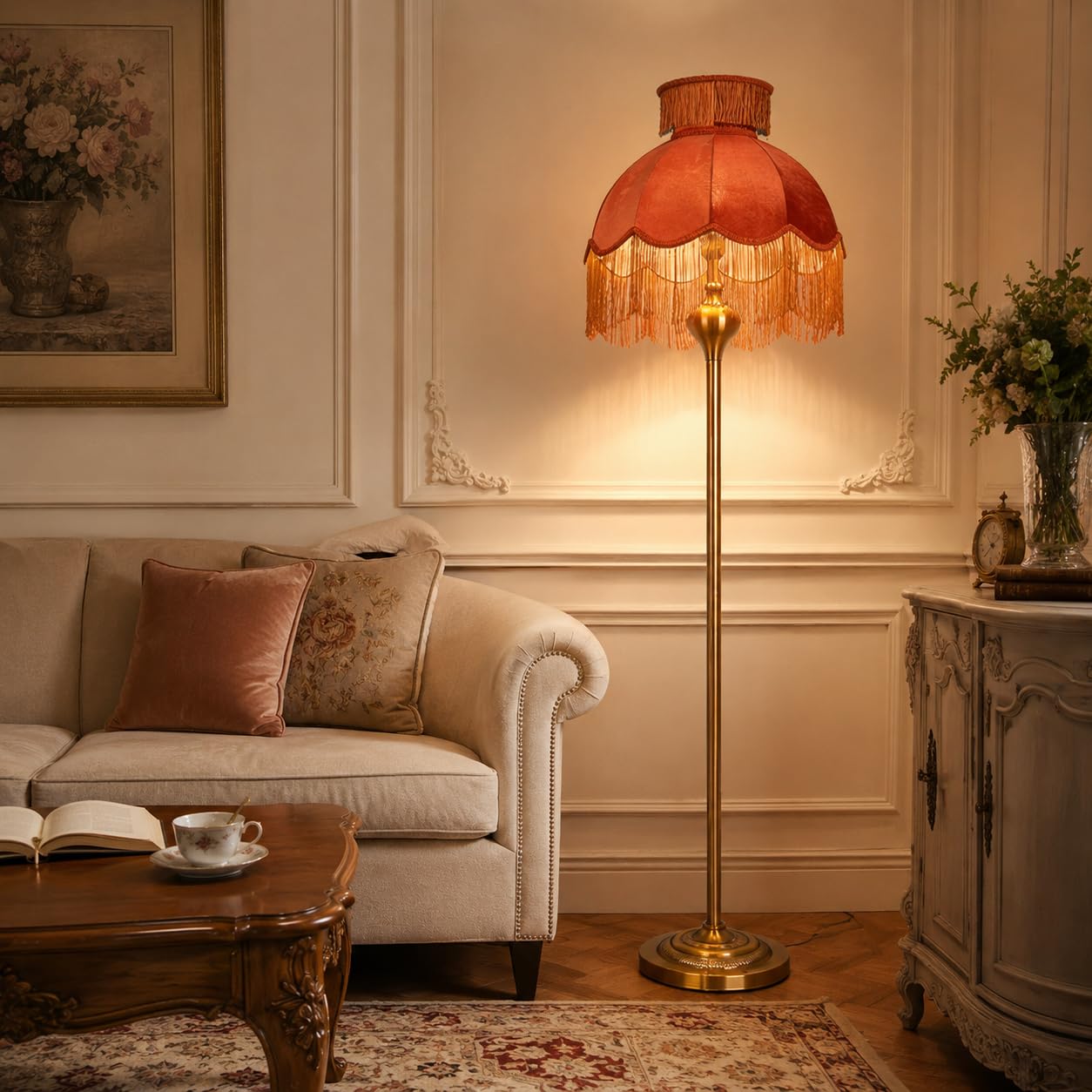Wylolik French Retro Floor Lamp, Tassel Fabric Shade, 3-Color Dimmable Standing Lighting; 62-in Tall Eye-Friendly Reading loor Light for Living Rooms, Bedrooms, Study Home Offices