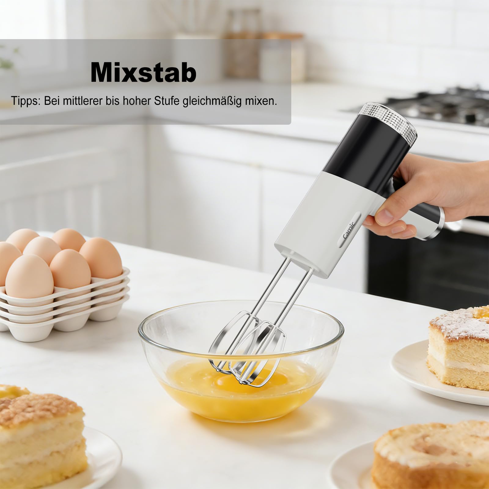 Camic Handmixer mit 9 Geschwindigkeitsstufen, Kabelloser Elektrisch- Handrührgerät mit Schneebesen, Knethaken und Rührstab zum Schlagen von Eiern, Sahne und Marmelade sowie zum Mixen