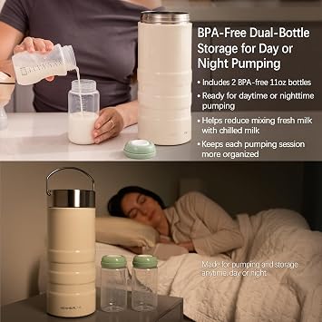 22oz Premium Stainless Steel Breast Milk Cooler, 360 Cooling Gel Ring, 24-Hour Cold Storage, 2 BPA-Free 11oz Bottles, Leak-Proof, Designed for Working Moms -Day Outings
