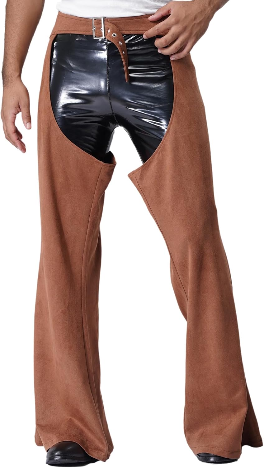 Vxuxlje Mens Cowboy Chaps Costume Faux Suede Hollow Out Bell Bottoms Long Pants Cosplay Bottoms