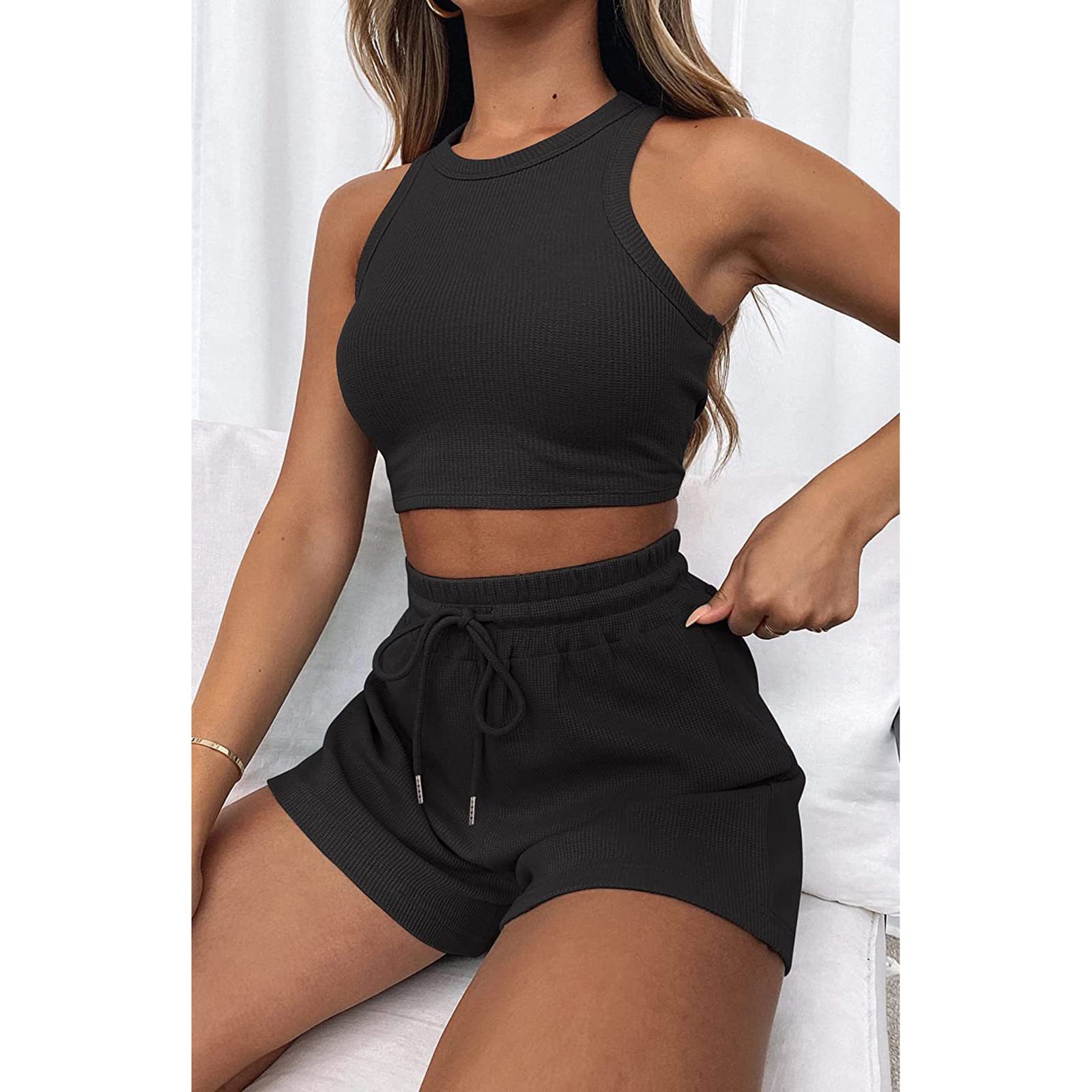 Generisch Set da allenamento da donna, 2 pezzi, in morbido tessuto traspirante, canotta a vita alta e pantaloncini da yoga, ideale per palestra, corsa e tempo libero, abbigliamento casual abbinato