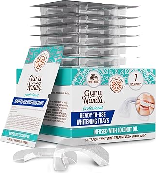 GuruNanda Ready-to-Use Prefilled Whitening Trays 7 Treatments with 8% Hydrogen Peroxide to Remove Surface Stains, Fast & Easy Teeth Whitening for Sensitive Smiles