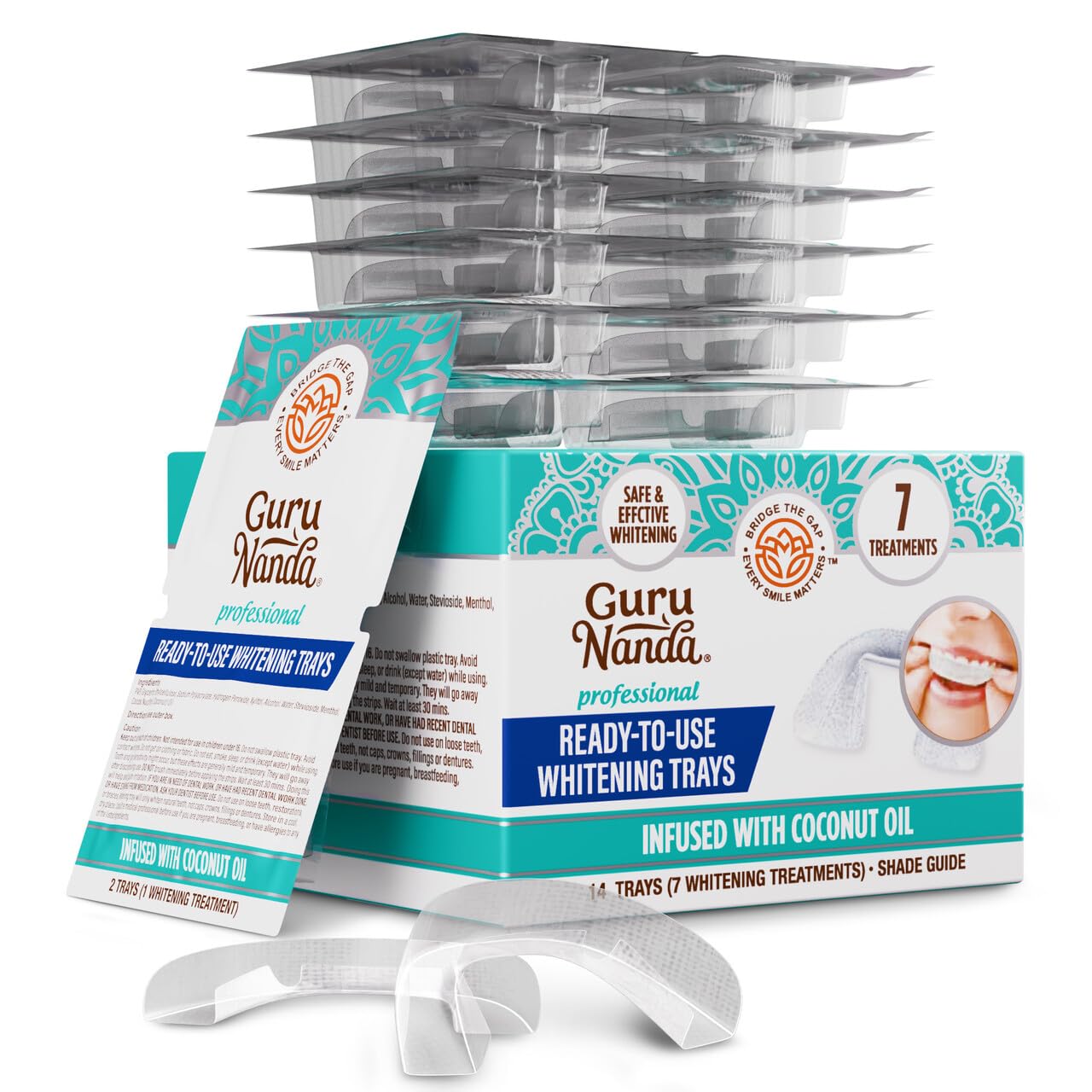GuruNanda Ready-to-Use Prefilled Whitening Trays 7 Treatments with 8 Hydrogen Peroxide to Remove Surface Stains Fast Easy Teeth