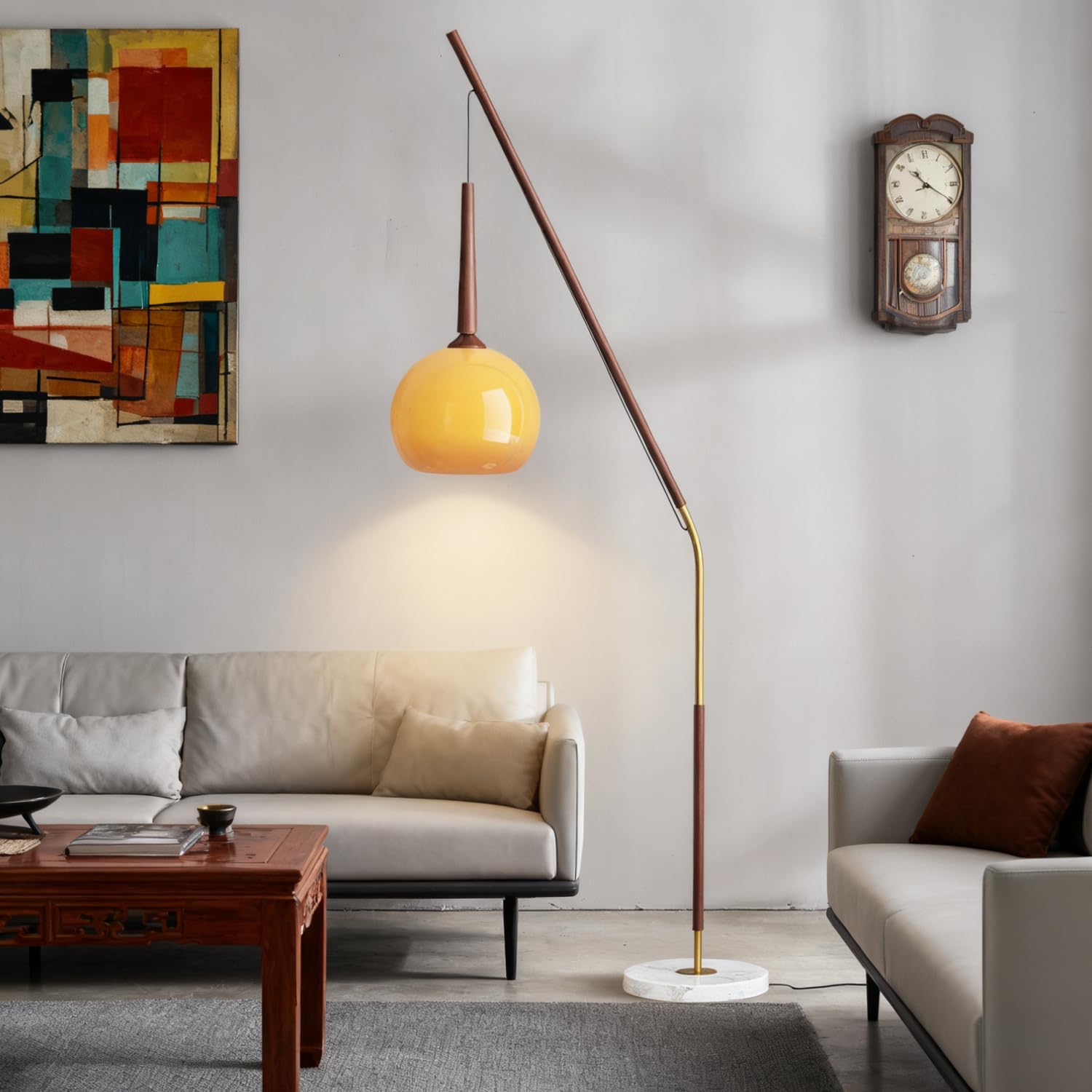 MIXL-Modern Orange Floor Lamp,1-Lights Floor Light with Glass Lampshade,Arc Reading Floor Lamps with Foot Switch,Farmhouse Glass Standing Lamp for Living Room Bedroom Office Corner