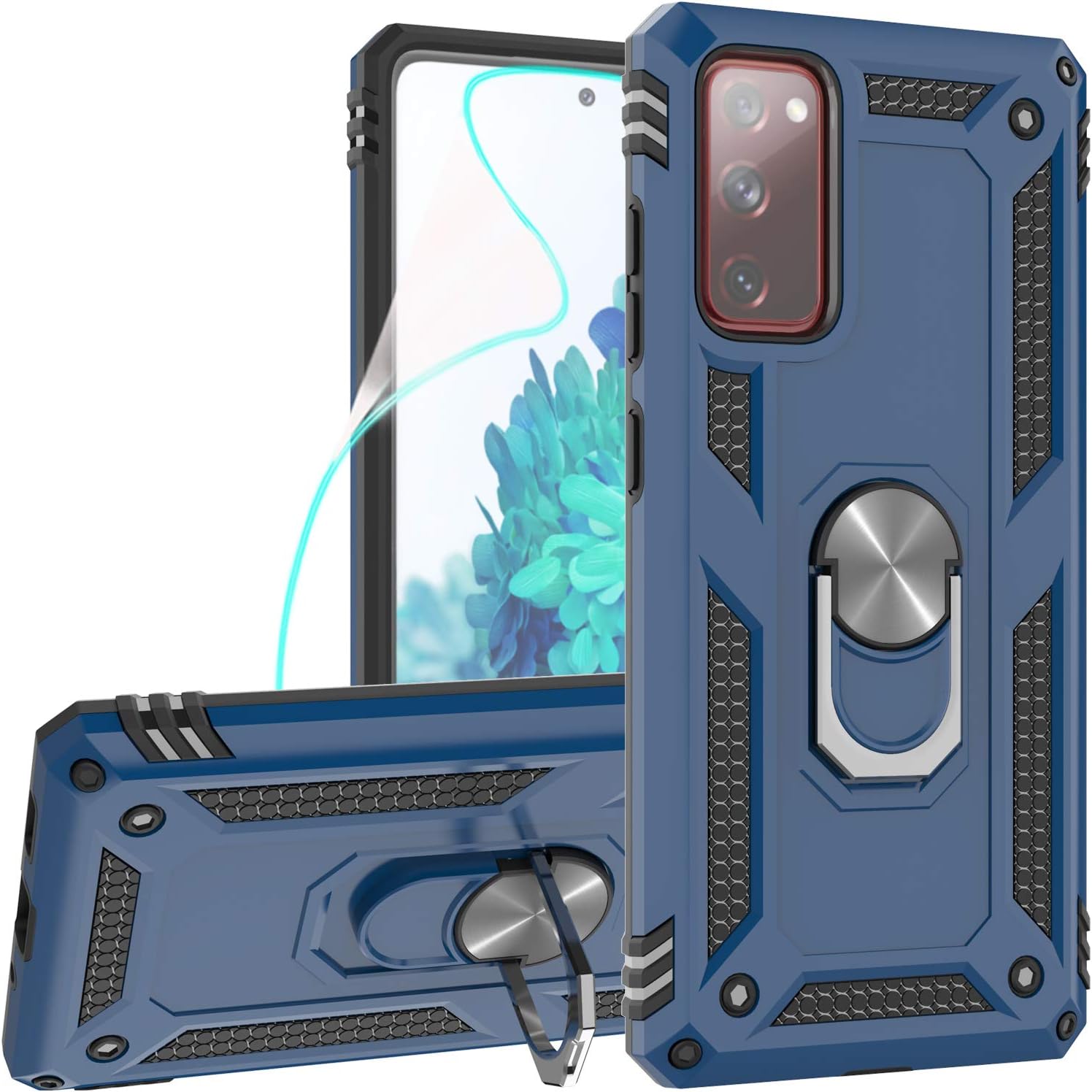 ZingCon Compatible for Samsung Galaxy S20 FE 5G Case,[HD Screen Protector] Hybrid Dual Layer Rotating Ring Holder Kickstand Armor Shockproof Protective Cover Fitting Magnetic Car Mount-Blue