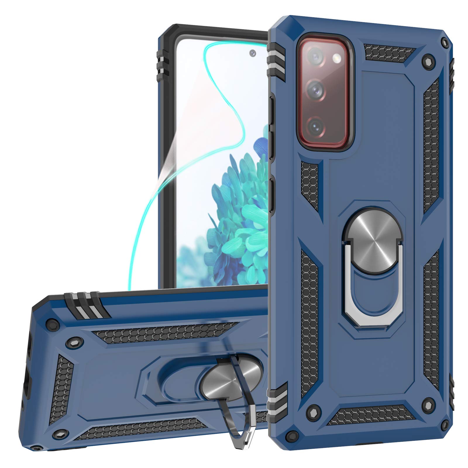 ZingCon Compatible for Samsung Galaxy S20 FE 5G Case,[HD Screen Protector] Hybrid Dual Layer Rotating Ring Holder Kickstand Armor Shockproof Protective Cover Fitting Magnetic Car Mount-Blue