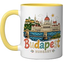 Hand Drawn Budapest Hungary Travel Souvenir Landmark Gift Ceramic Mug, Yellow/White