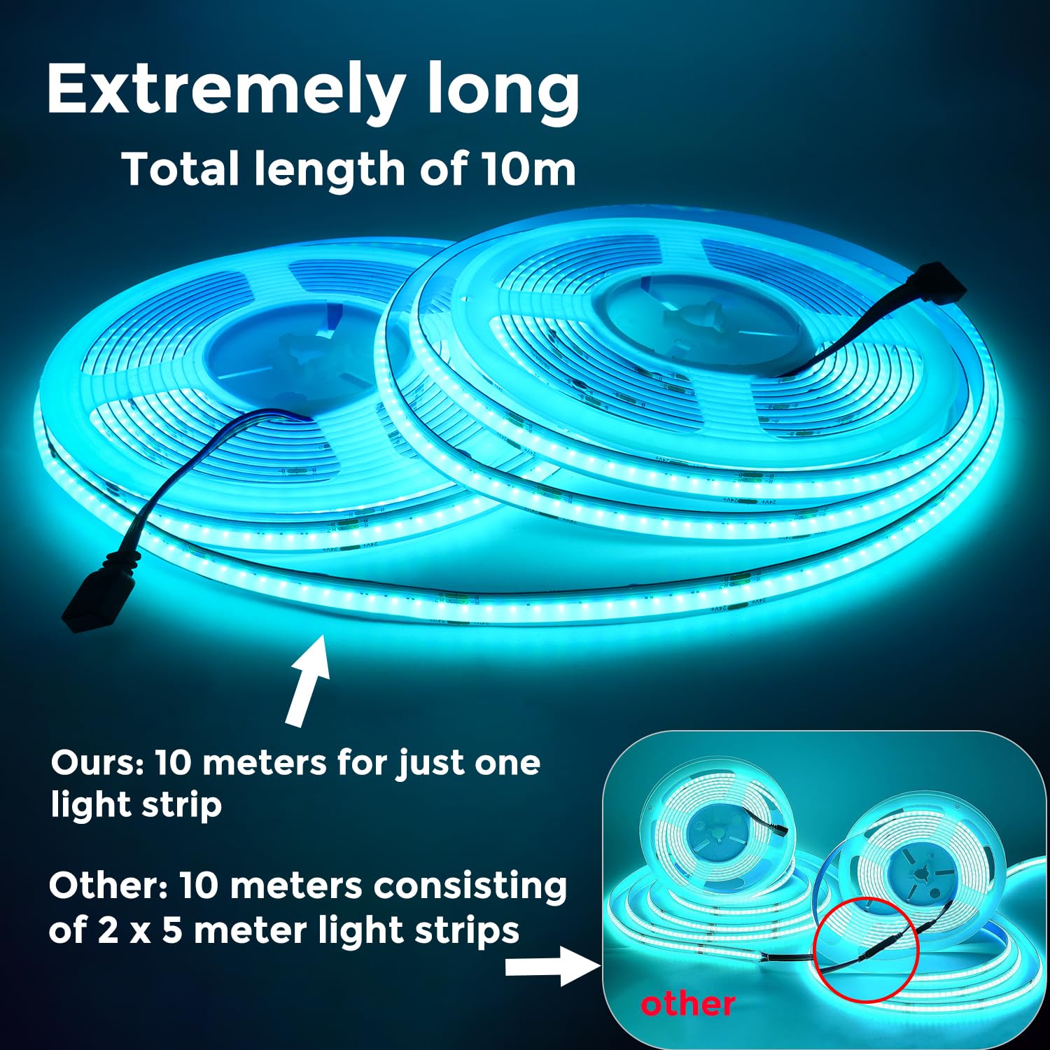 10M WIFI Striscia LED RGB COB, 24V Striscia LED COB RGB dimmerabile con telecomando e alimentatore, striscia luminosa LED ad alta densità 576LEDs/M, controllo app, compatibile con Alexa, Google home