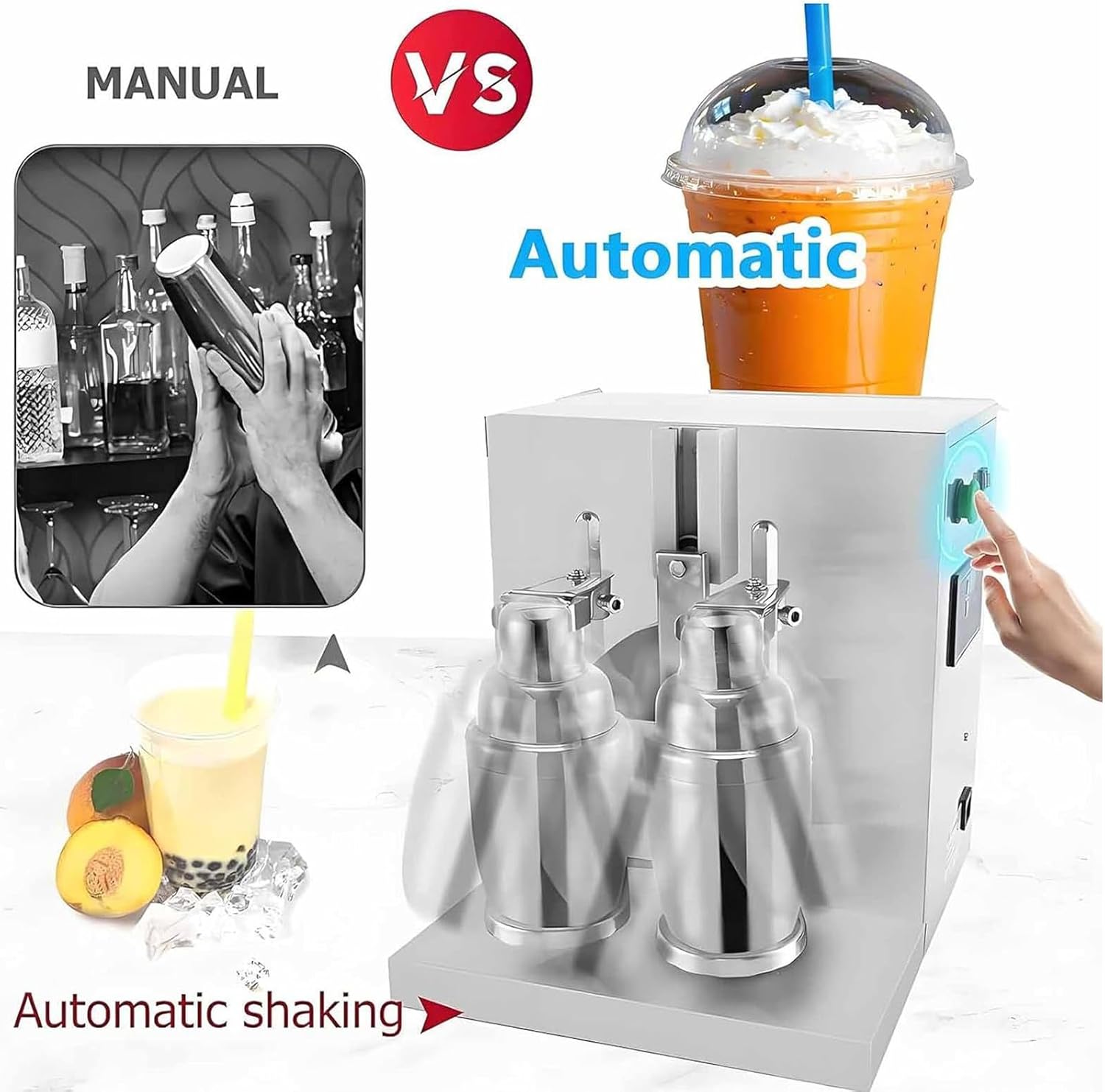 Electric Milk Tea Shaking Machine Stainless Steel Automatic Cocktail Shaker Double Frame and Double Cups Cocktails 350ml to 1000ml Capacity for Bubble Tea,Juice,Coffee,Milk,Wine