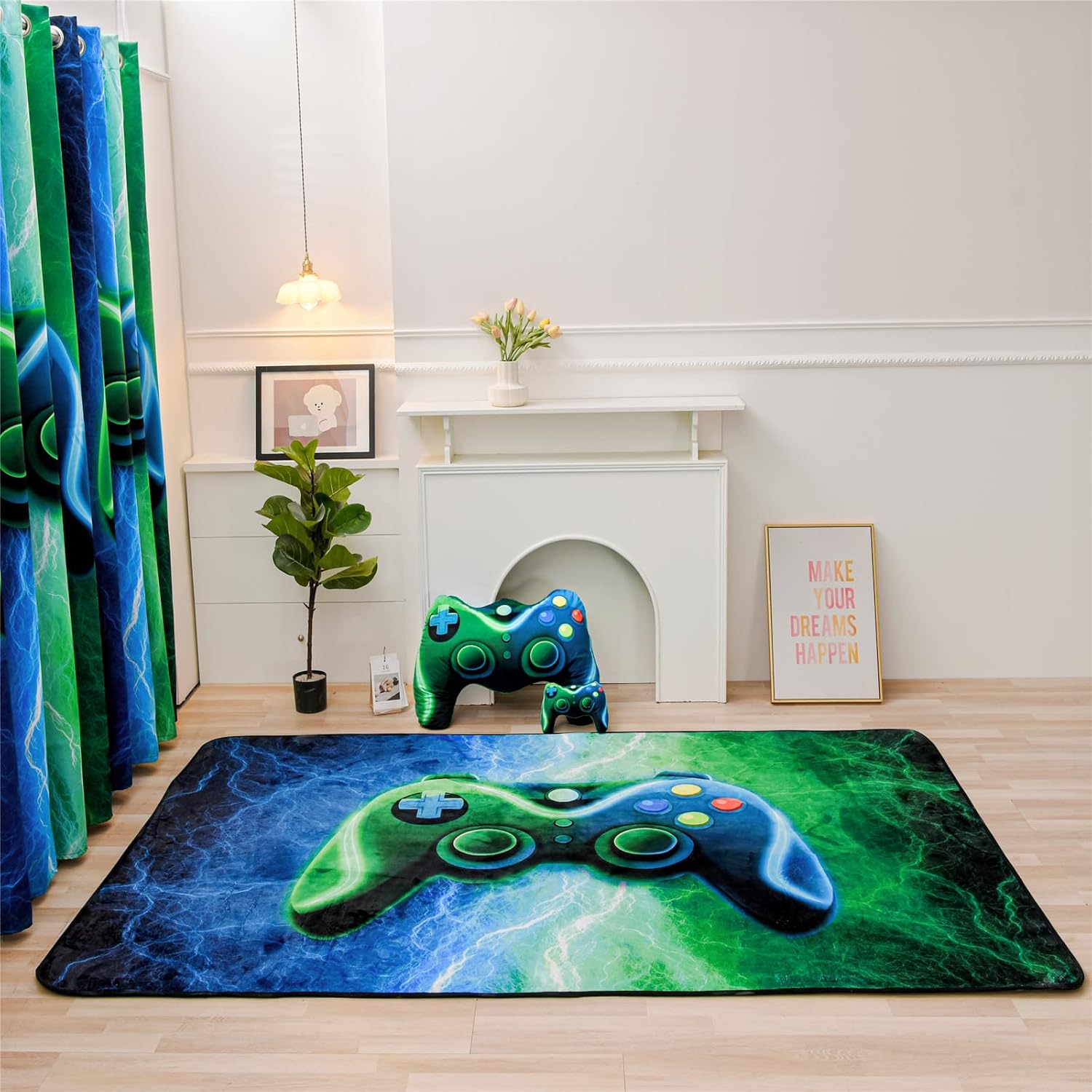 Meeting Story Gamer Gaming Area Rug Tie Dye Lightnings Gamepad Rug Games Console Action Buttons Print Carpet Indoor Floor Sofa Rugs for Kids Bedroom Living Room Game Room Decor(Blue-Green,5 * 8 Feet)