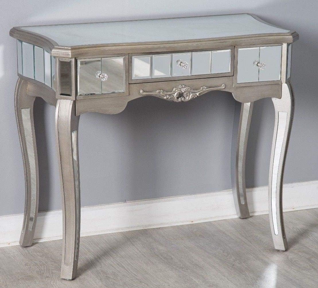 Furnituremaxi Mirrored Hallway Side Silver Glass Chic Furniture, French Style 3-Drawer Console Table