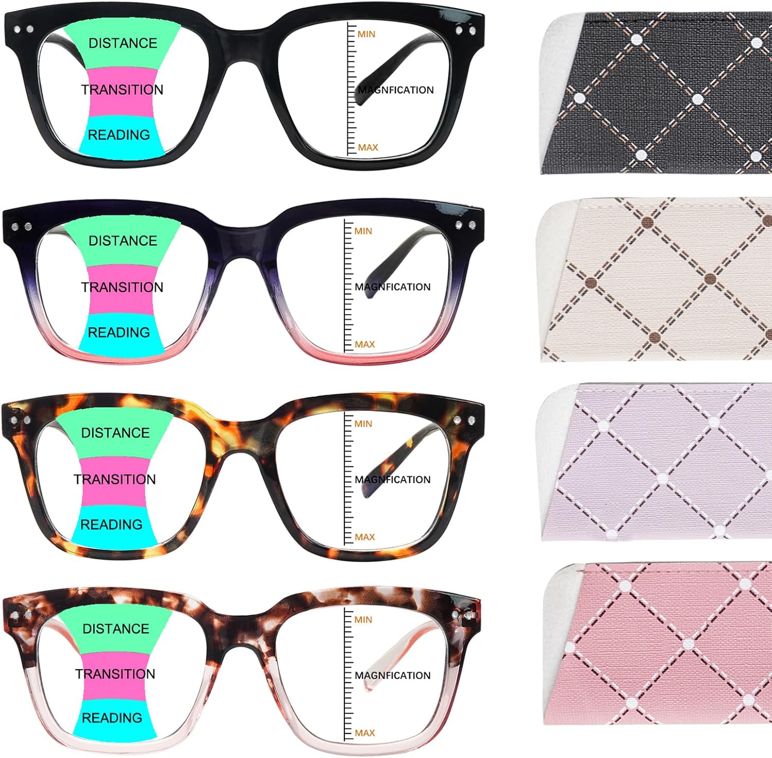 BONCAMOR Progressive Multifocus Reading Glasses for Women Men 4 Pack Spring Hinges Square Computer Multifocus Readers (4 Mix, 1.5, Diopters)