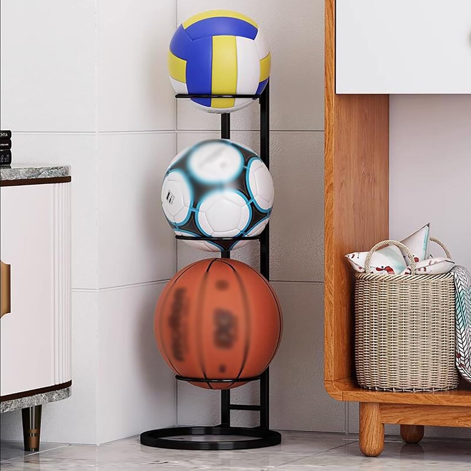3-Tier Ball Storage Rack - Floor-Standing Holder for Gym, School, Garage - Organize Soccer, Basketball, Volleyball & Baseball - Durable & Space-Saving Solution