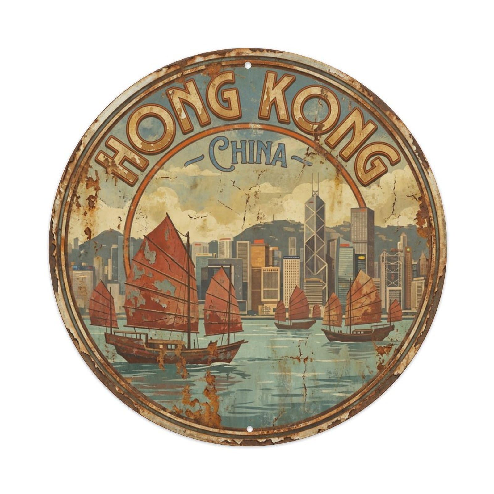 Vintage Travel Hong Kong China Harbor Metal Tin Sign