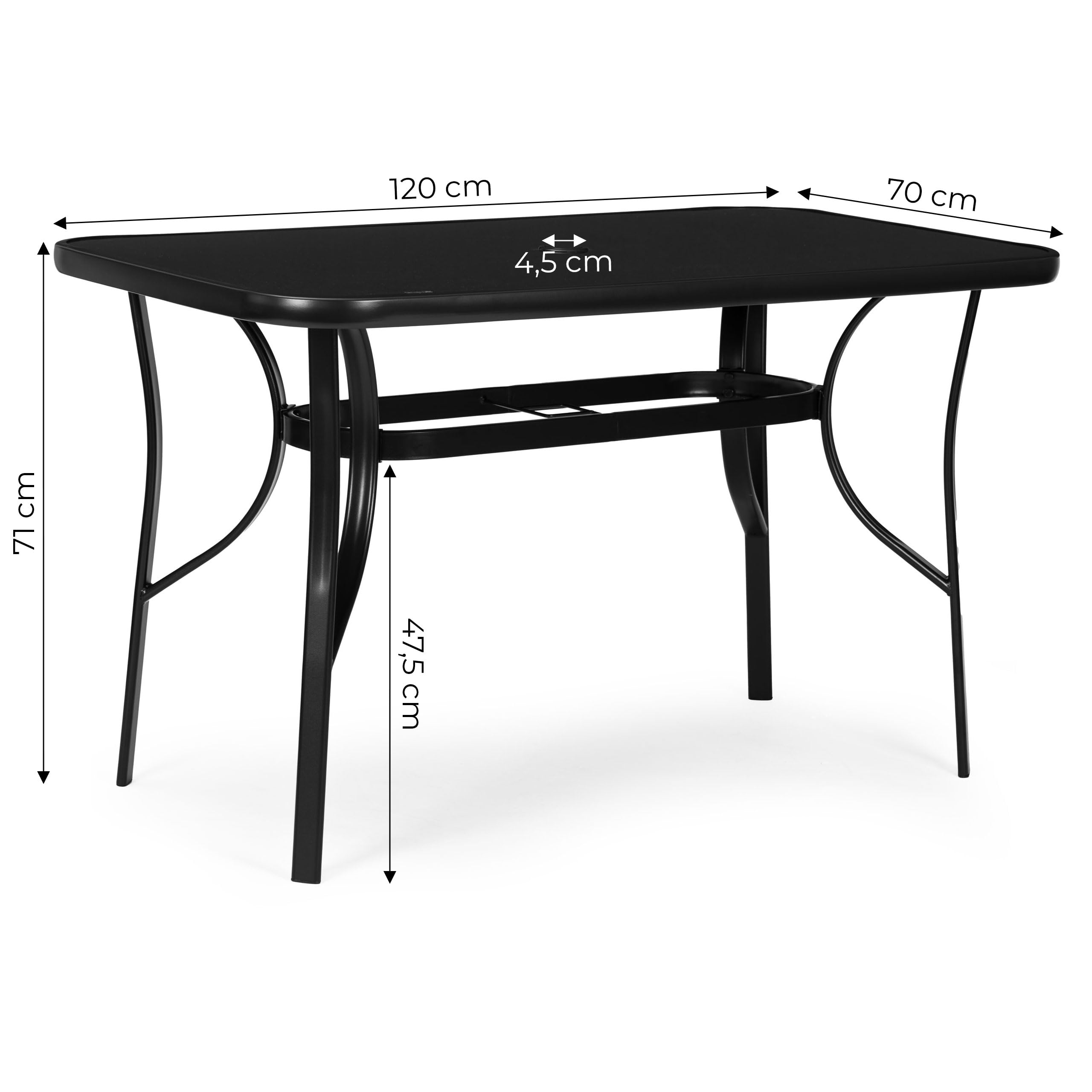 Mesa de jardín de 120 x 70 cm con tablero de cristal templado, mesa de terraza con orificio para sombrilla, mesa rectangular para balcón, mesa de exterior de acero