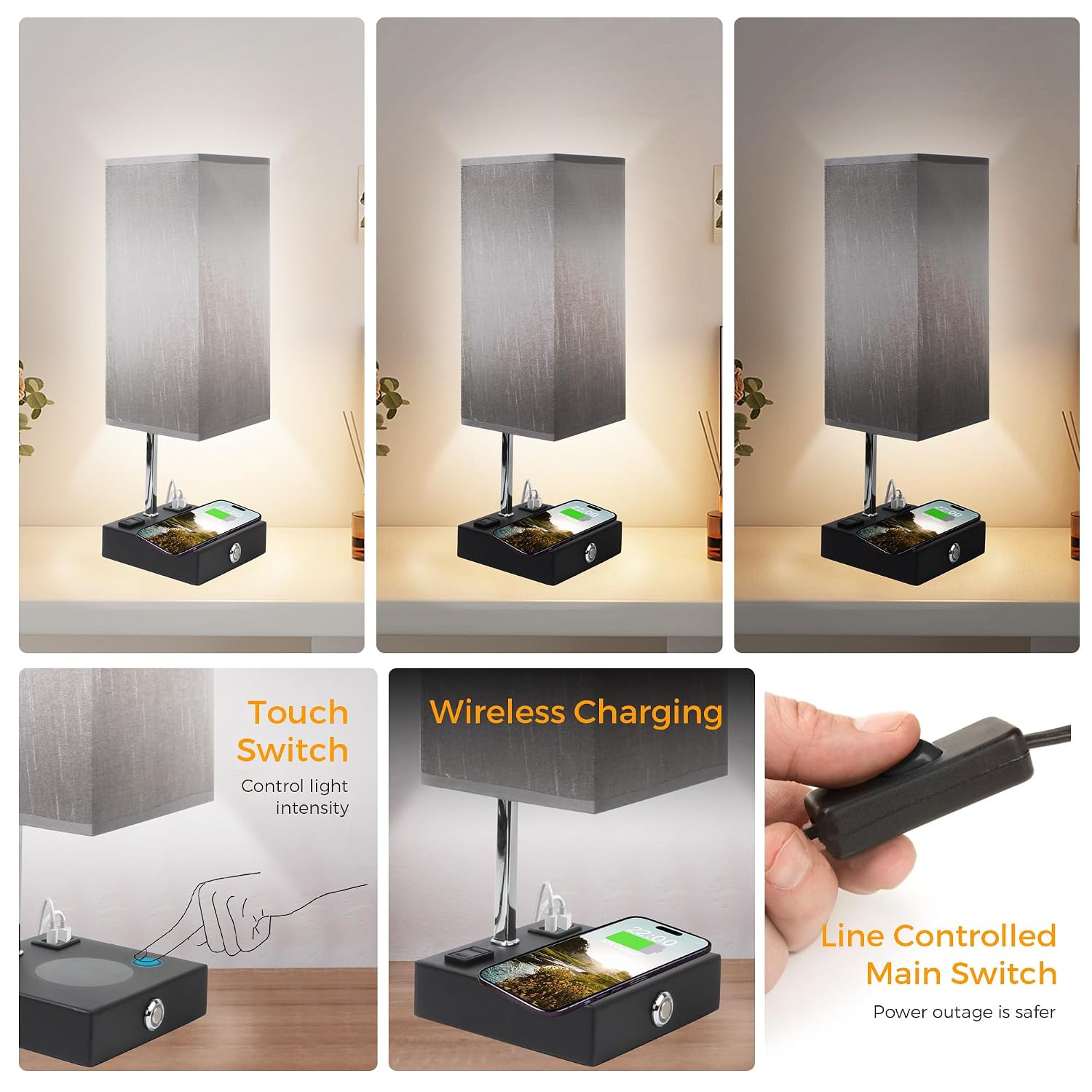 Wireless Charging Touch Control Table Lamp, Bedside Nightstand Lamp with USB Charging Port & AC Outlet, 3 Brightness Levels Adjustable, Suitable for Bedroom, Living Room, Office, LED Bulb Included