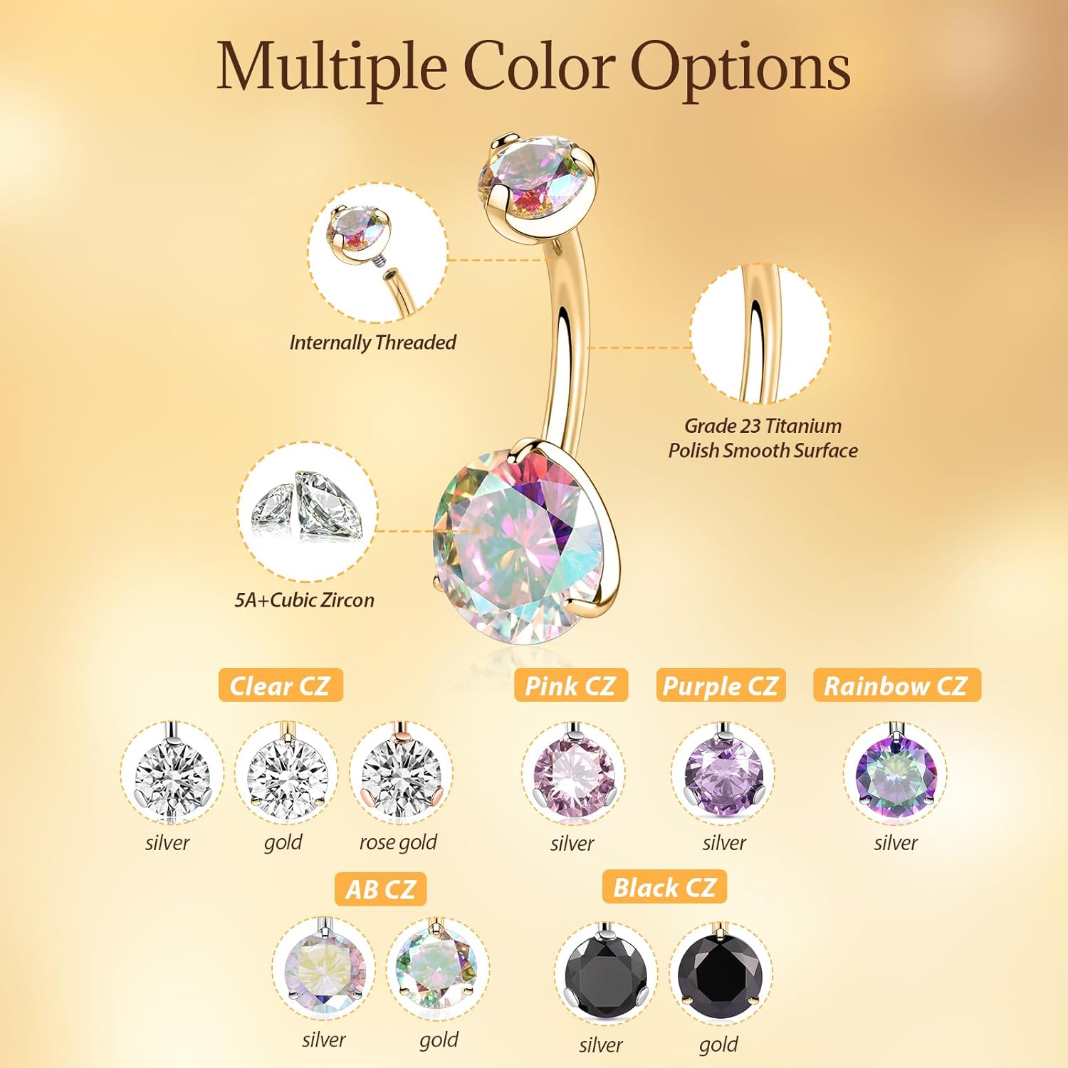 PEAKLINK Titanium Belly Button Ring 14G Belly Jewelry Navel Bar Internally Threaded Belly Barbell with Double Cubic Zircon Navel Jewelry Navel Belly Piercing for Women 8 10 12 14mm - Image 4