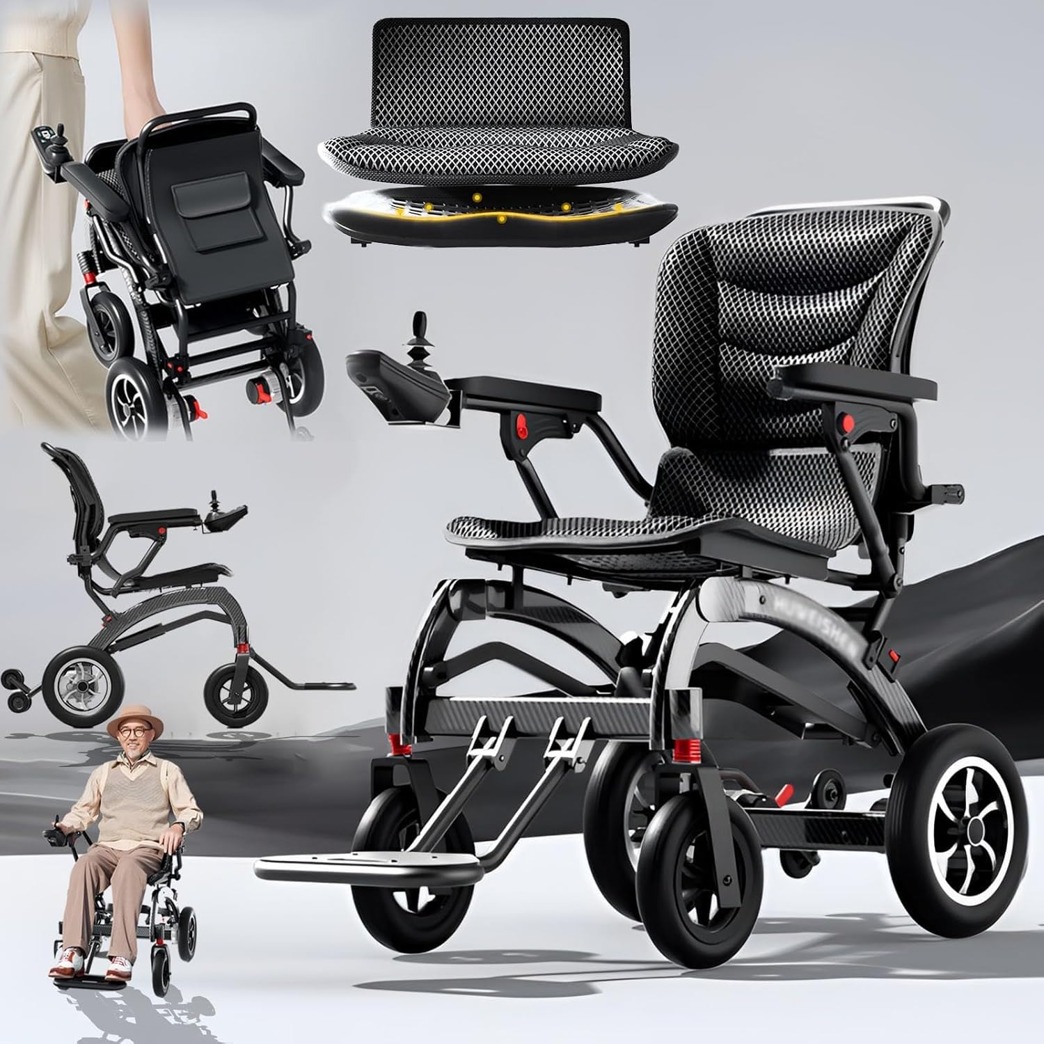 Silla Ruedas Eléctrica Plegable para Adultos Y Personas Mayores,Sillas Ruedas Motorizadas Fibra Carbono con Batería Desmontable,Silla Ruedas Eléctrica Liviana,Soporte 330 Libras 10AH