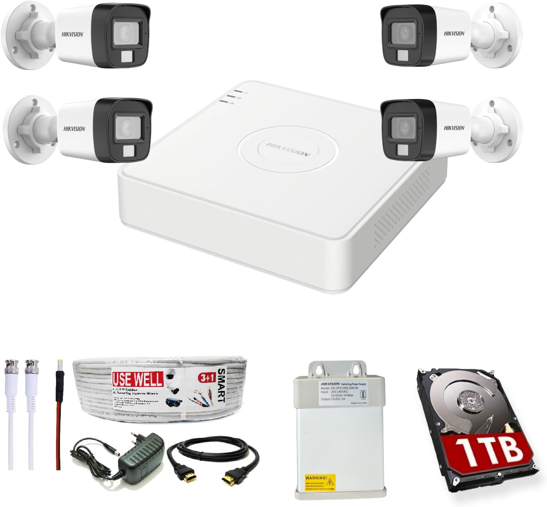 HIKVISION Full HD 4 Channel DVR with 2 MP 4 Outdoor Cameras [COLOR NIGHT VISION + BUILT-IN AUDIO MIC + SMART DUAL LIGHT + MOTION DETECTION] + 1 TB HDD + 4 Ch SMPS, USEWELL CCTV Cable+BNC/DC Set, WHITE