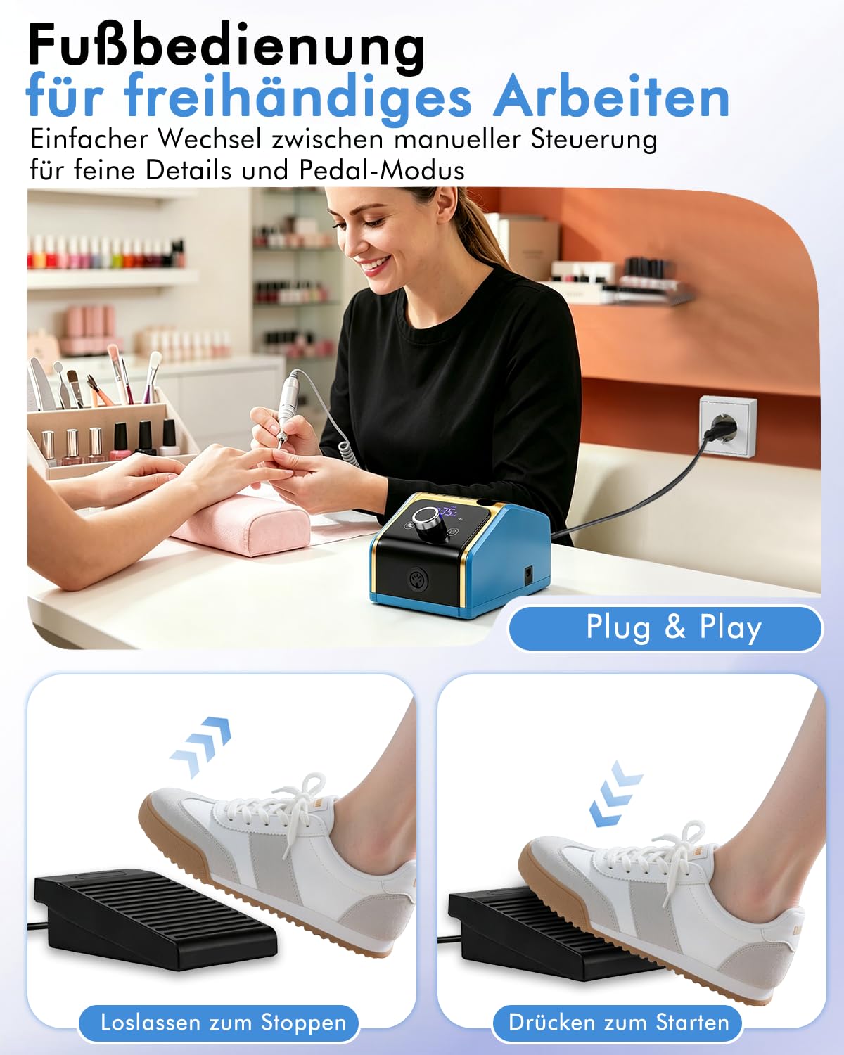 CozyZen Elektrische Nagelfräsmaschine 35.000 U/min Profi-Set | Mit LCD-Display, Hand- & Fußpedal, leise und vibrationsarm für Acryl-, Gel- & Naturnägel, Salon & Zuhause（Blau）