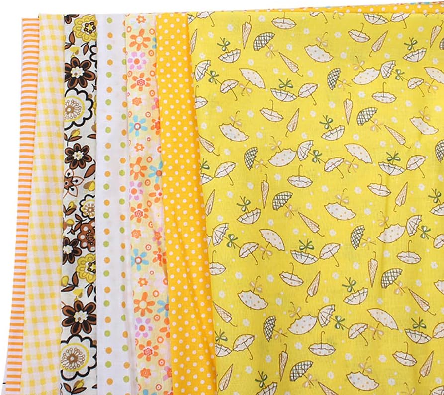XYanXXX 7Pcs 25x25cm Quilting Fabric,Floral Cotton Patchwork Craft Fabric Plain Cloth Bundle Quilt DIY Craft Bag Doll Toy Sewing Material Accessories Yellow