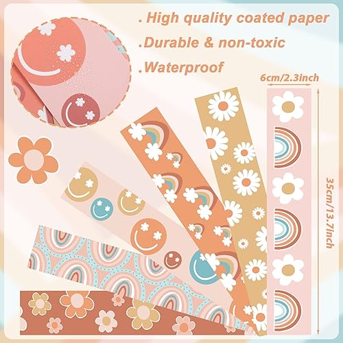 Miniatura 2 de Tablero de anuncios Groovy de 69 pies, diseño bohemio, tiras rectas, retro, hippie con margarita sonriente y borde arcoíris para guardería, escuela