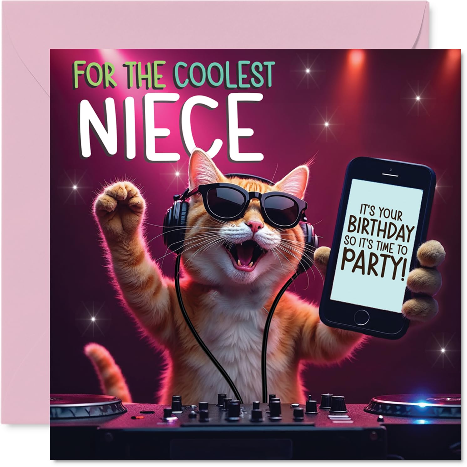 Niece Birthday Card - Party DJ Cat - Happy Birthday Card for Niece from Auntie Uncle, 145mm deejay cat Bday Greeting Cards