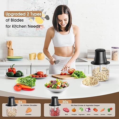 Miniatura 4 de Procesadores de alimentos, trituradora de pollo eléctrica 2 en 1 y picadora de alimentos con motor de cobre de 250 W, cuencos de 1.5 L y 2 cuchillas