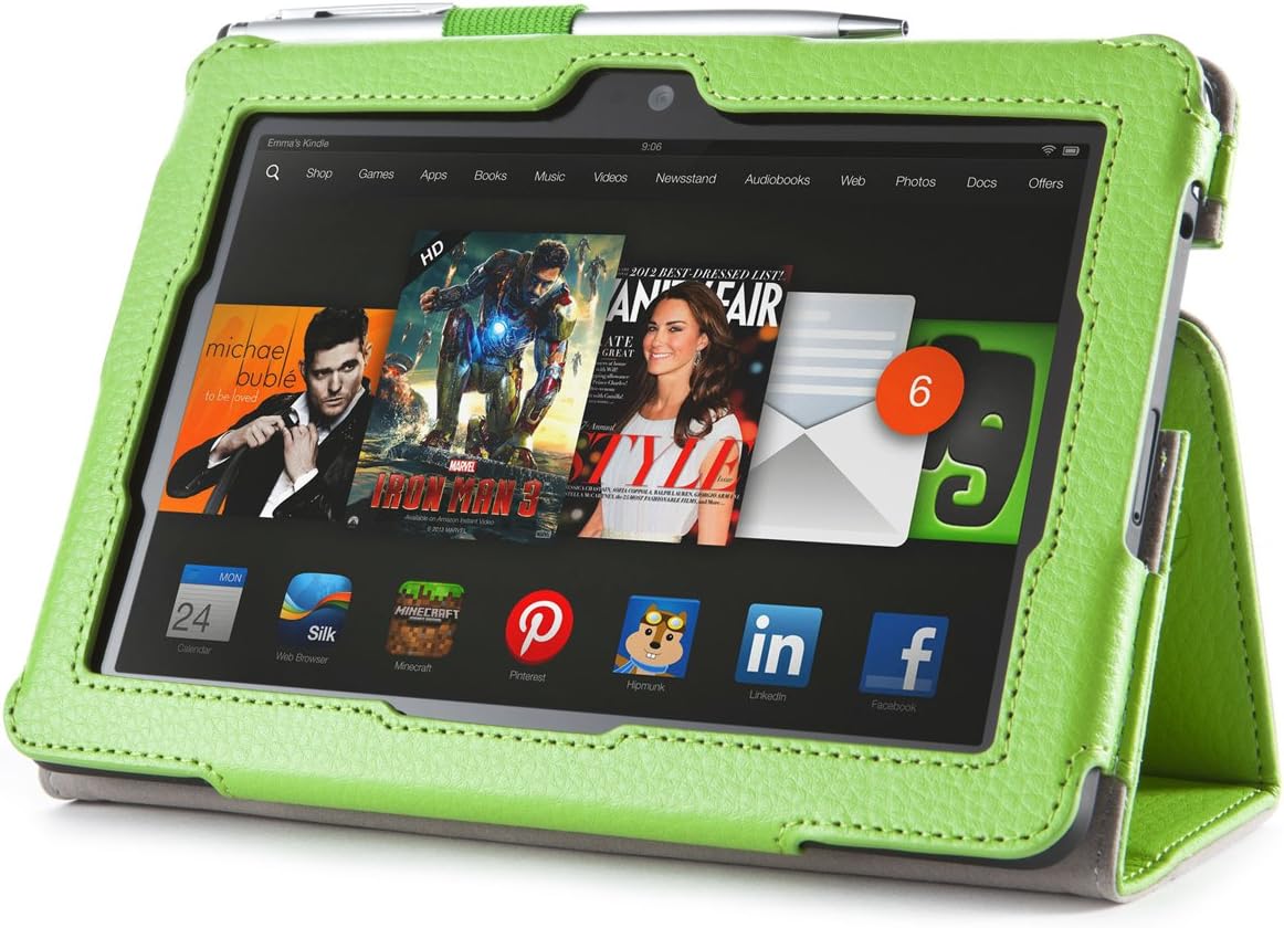 i-BLASON Kindle Fire HDX 8.9 inch Tablet Leather Case Cover/Elastic Hand Strap/Stylus/ID Holder (Not Compatible with Kindle Fire HD 8.9 2012) 3 Year Warranty (Green)