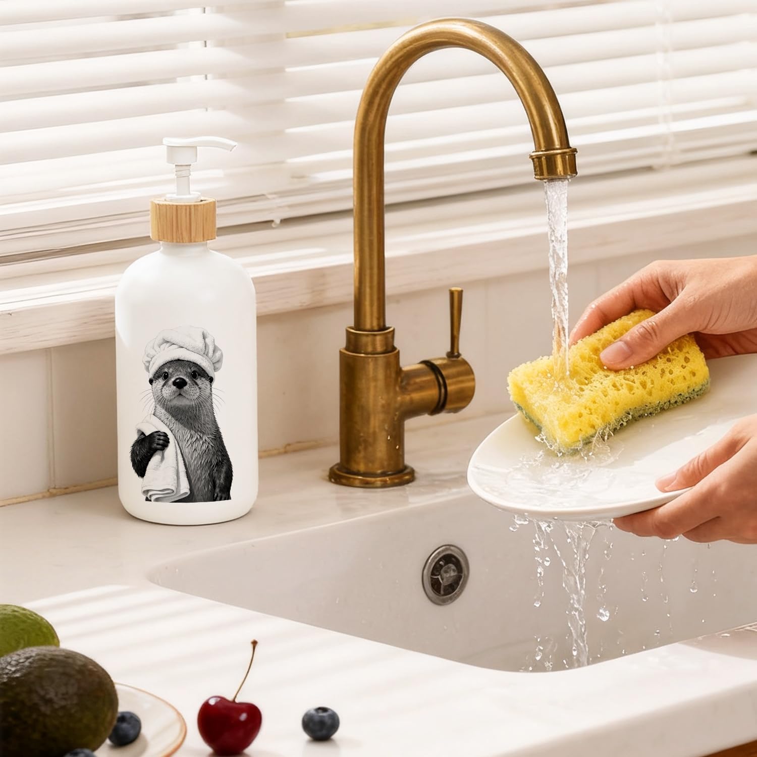 Funny Otter Bathroom Glass Soap Dispenser, Sea Otter Gifts Hand Soap Dispenser for Bathroom, Humor Coastal Animal Refillable Handsoap Pump Bottle for Washroom Restroom Countertop