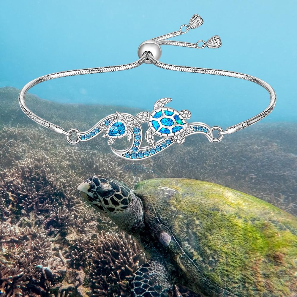 Turtle Bracelet for Women Blue Opal Sea Turtle Bracelet Sterling Silver Tortoise Beach Summer Mother Daughter Adjustable Blue Turtles Jewelry - Image 6