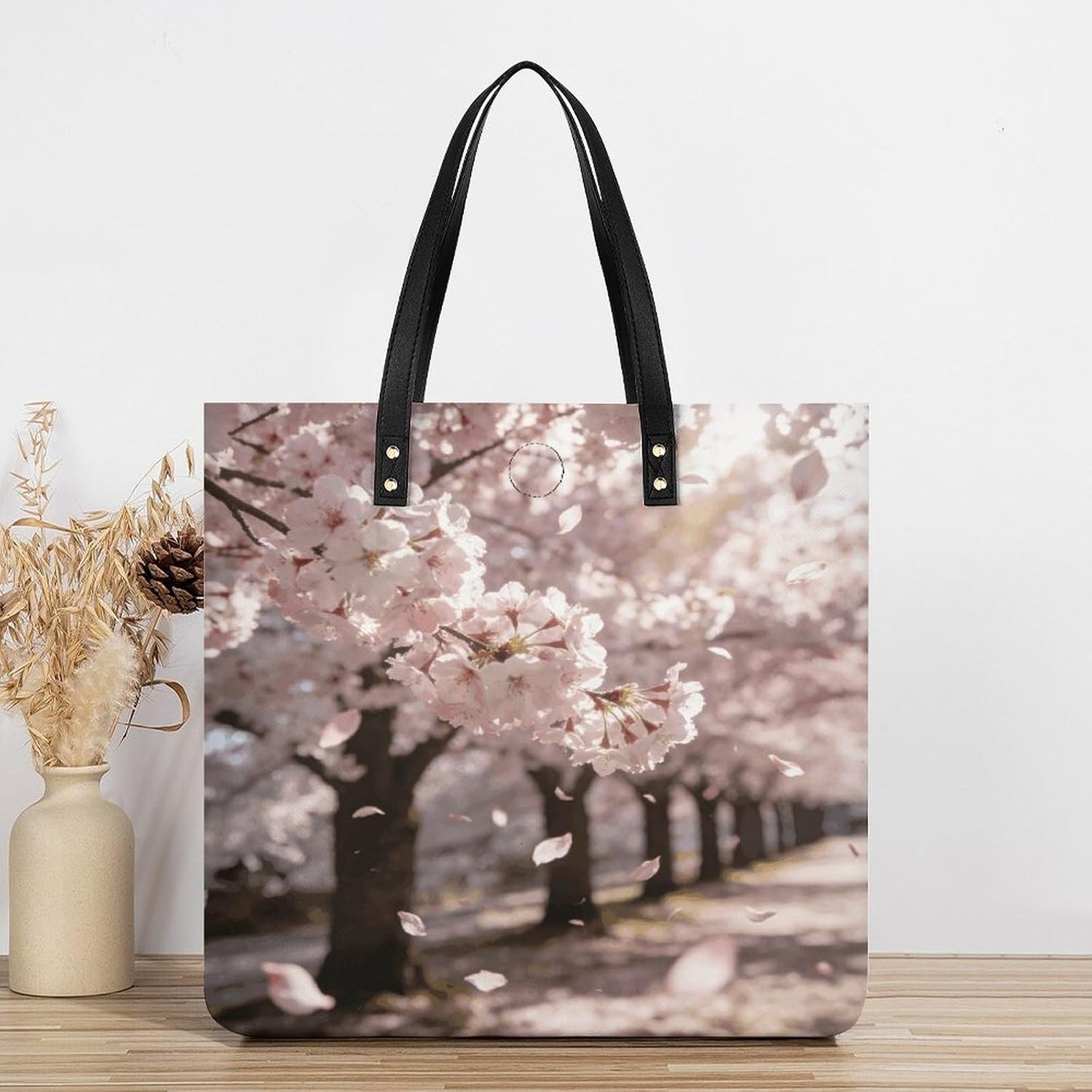 Japanese Cherry Blossom Tote Bag with Magnetic Buckle Reusable Grocery Bags Lightweight Cross Body Handbag for Daily Essentials
