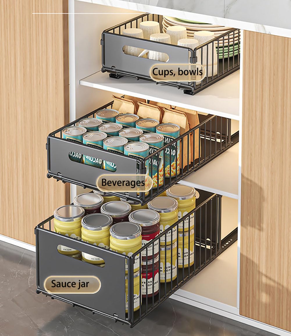 YunNasi Cassetto Estraibile Cucina Cassetto Telescopico Ripiano Cassetto Telescopico Cassetto Scorrevole Armadio da Cucina Senza Bisogno di Trapano e Chiodi (Nero, 2 pezzo 38D X 25W X19H CM)