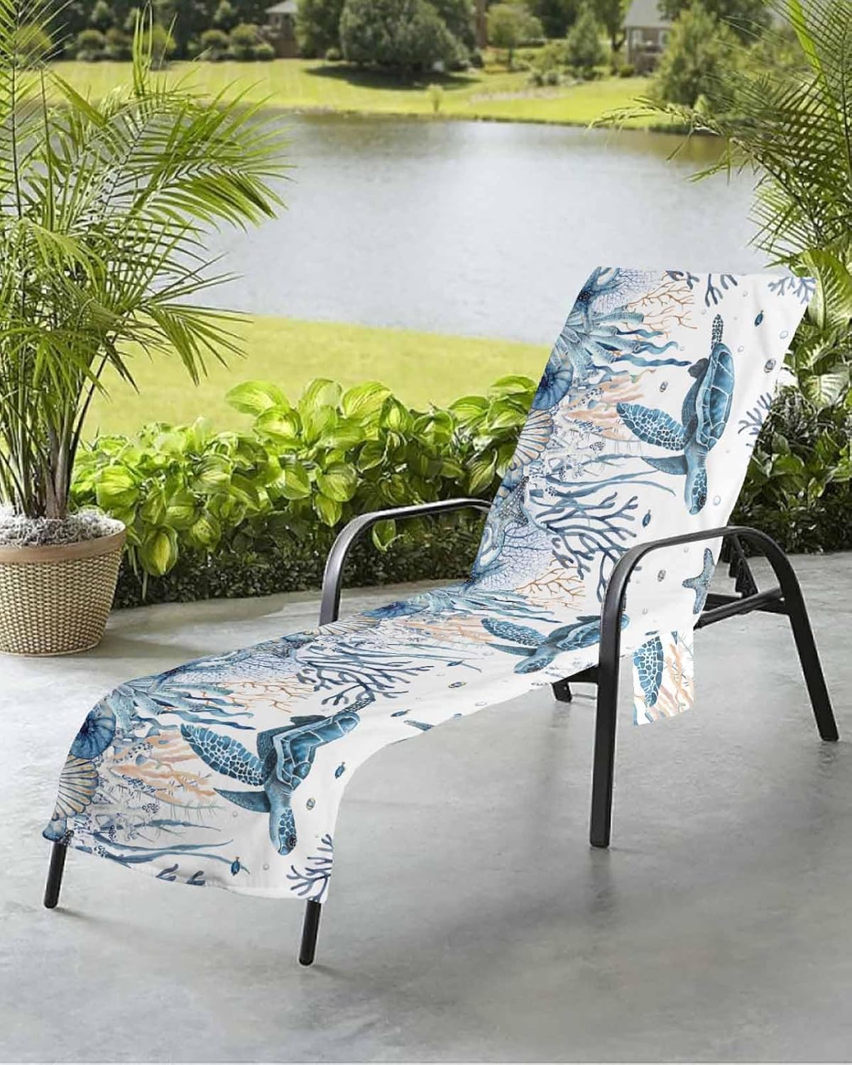 Blue Sea Turtle Beach Chair Cover, Outdoor Chaise Lounge Cover for Patio Pool, Coastal Ocean Beach Coral Nautical Shell Beach Chair Towel Microfiber Lounge Chair Towel Covers with Side Pockets