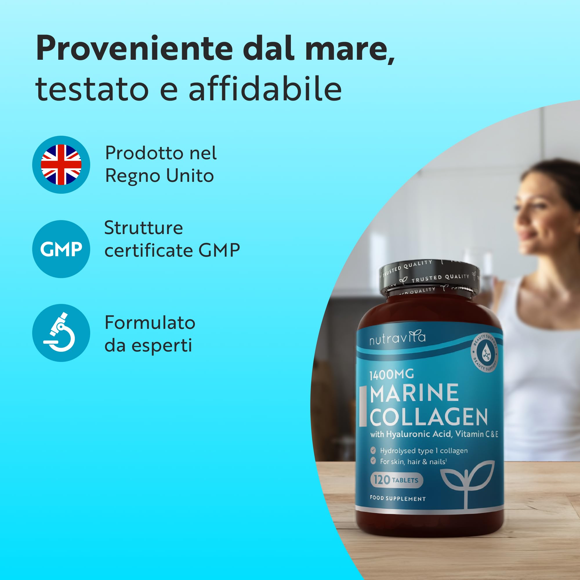 Nutravita Collagene Marino con Acido Ialuronico 1400mg - 120 Compresse - Collagene Idrolizzato Tipo 1 - Marine Collagen, Vitamina C & Biotina Integratore per Capelli, Pelle, Unghie e Articolazioni