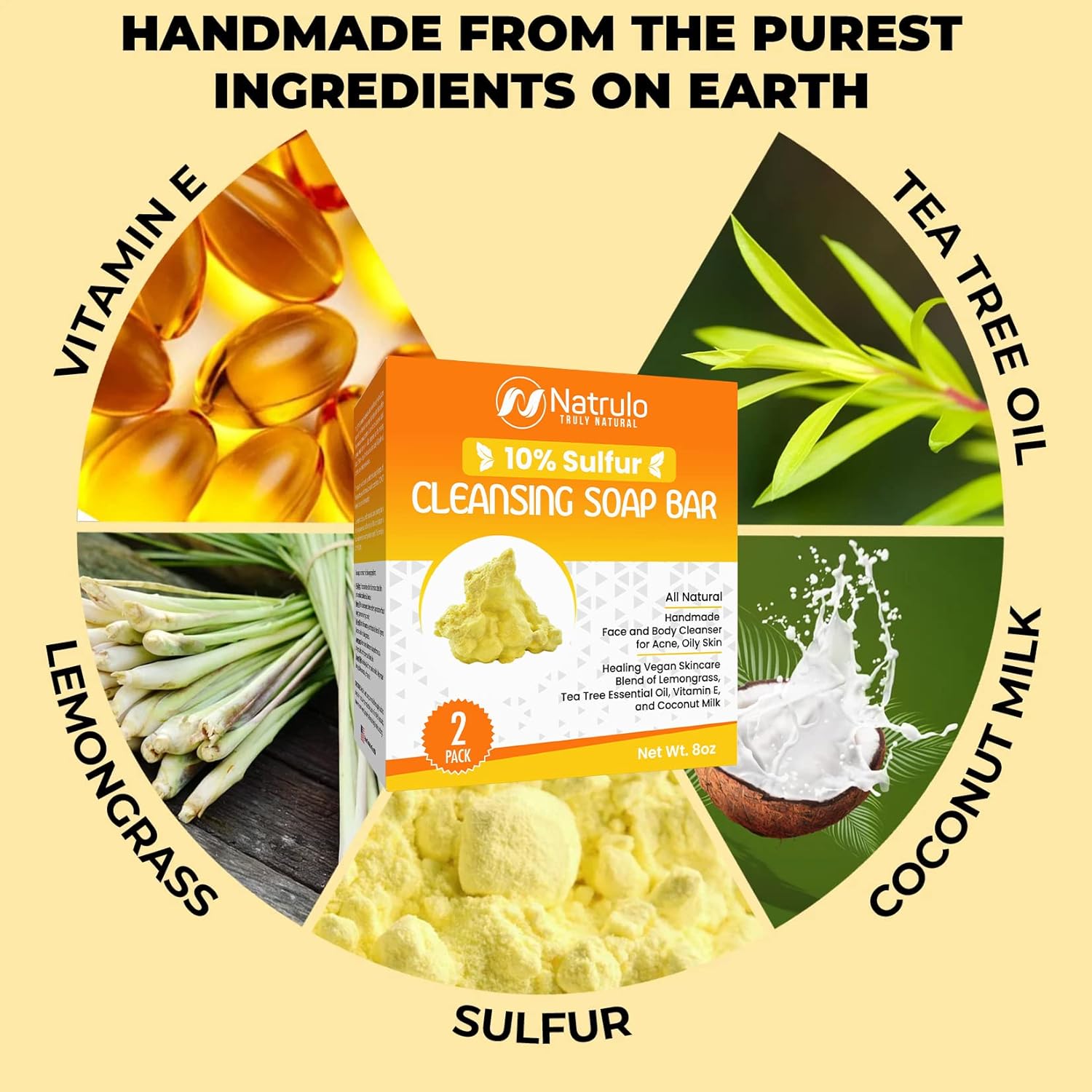 10% Sulfur Soap Cleansing Bar for Face & Body – All Natural Facial Cleanser for Acne, Oily Skin – Healing Skincare Blend of Lemongrass, Tea Tree Essential Oil, Vitamin E, Coconut Milk – 2 Pack Made in USA : Beauty & Personal Care