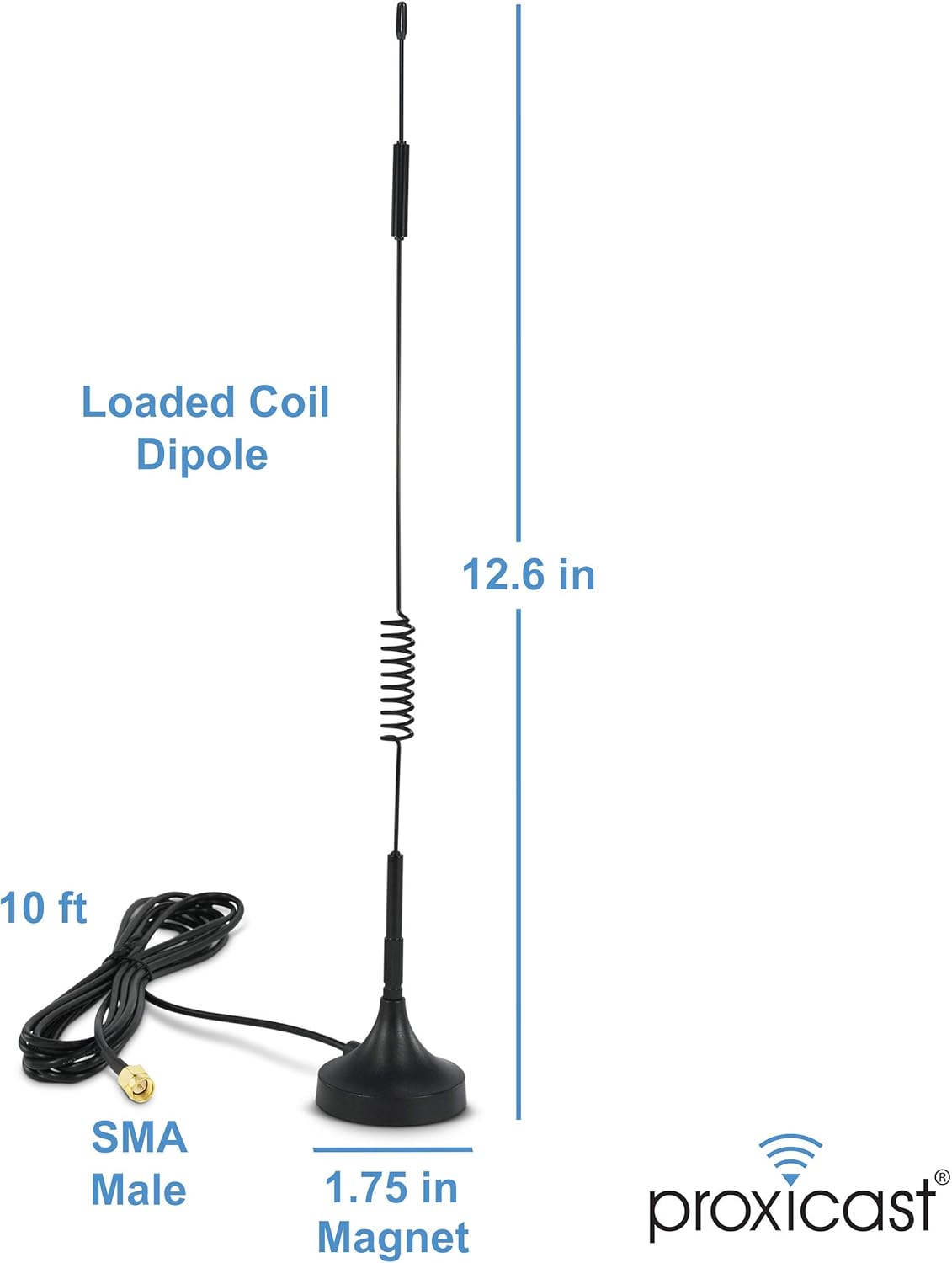 Proxicast 4G/LTE antenna with dimensions: 12.6 inches tall, 1.75 inch magnetic base