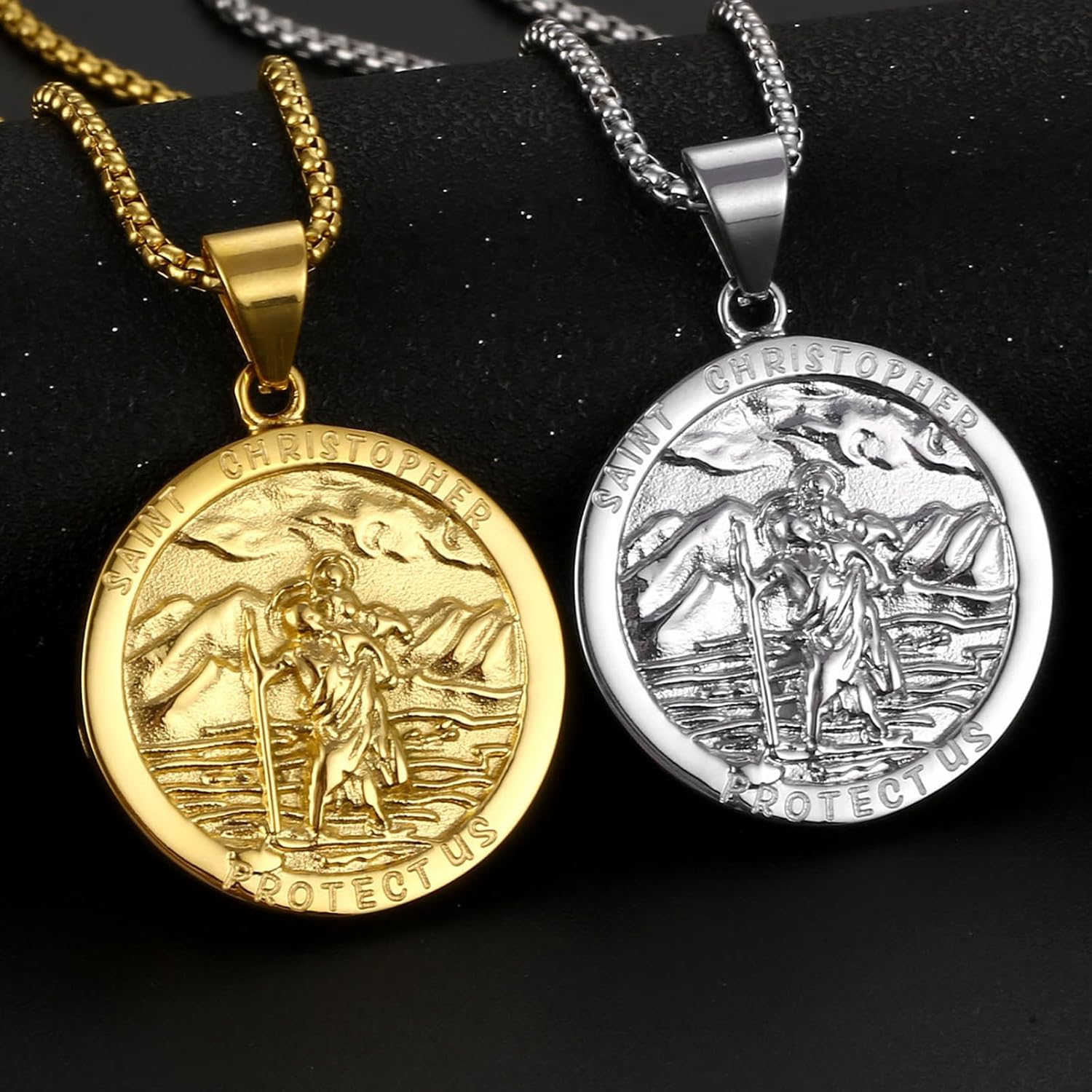 HETICA Saint Christopher Pendant Necklace, Stainless Steel Catholic Amulet Medal Protection Religious Amulet Jewelry for Men Women - Image 3