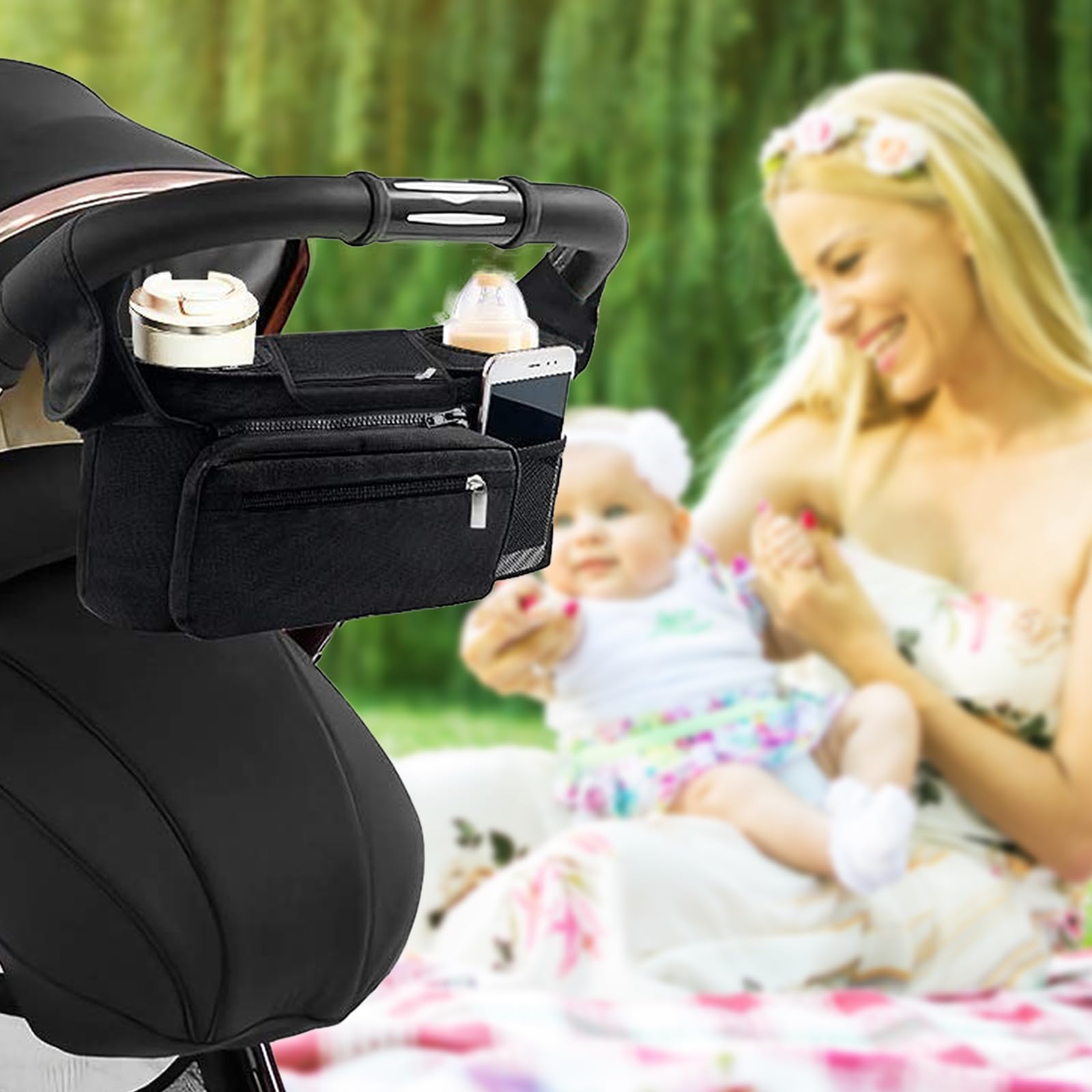 Sac de Rangement Universel pour Poussette, Poussette Organisateur avec Poche zippée, Grande Capacité Organisateur de Buggy Pour Poussette avec Porte-Bouteilles Isolés, Noir