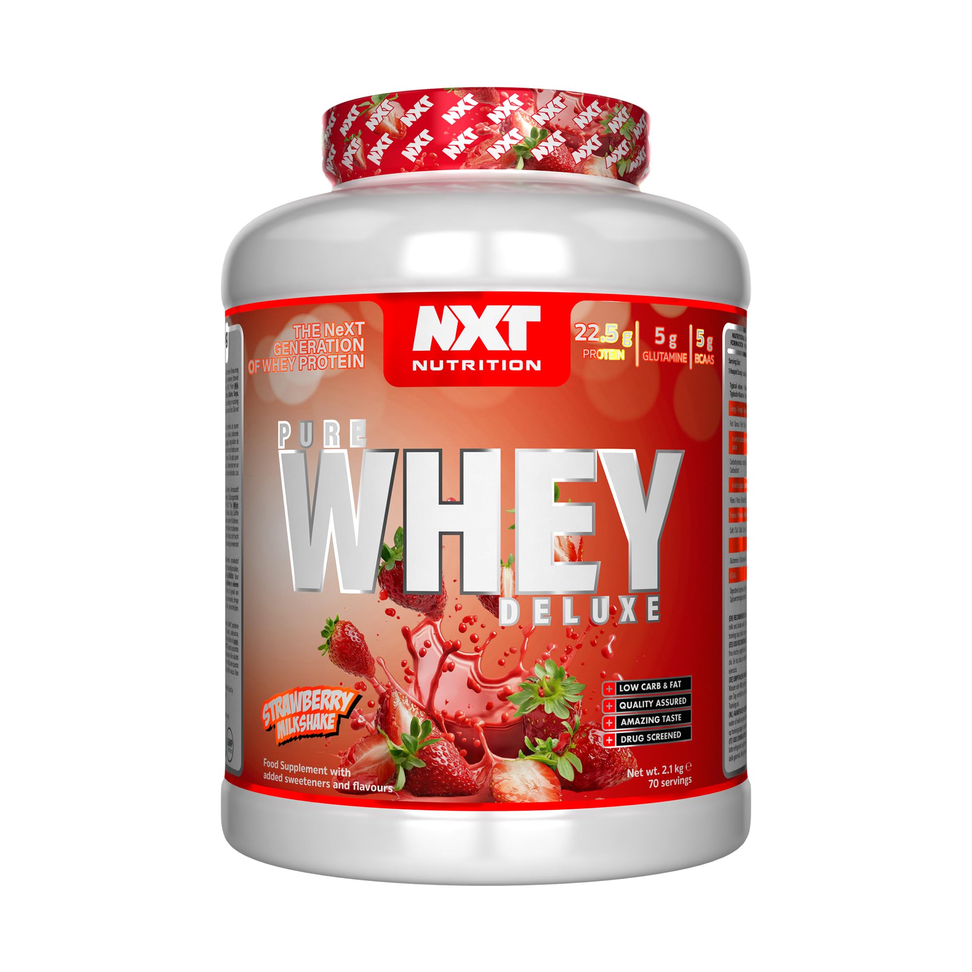 NXT Nutrition Pure Whey Deluxe 2.1kg | Whey Protein | Muscle Growth and Recovery | 70 Servings | 5g Glutamine | 5g BCAA | Strawberry Milkshake