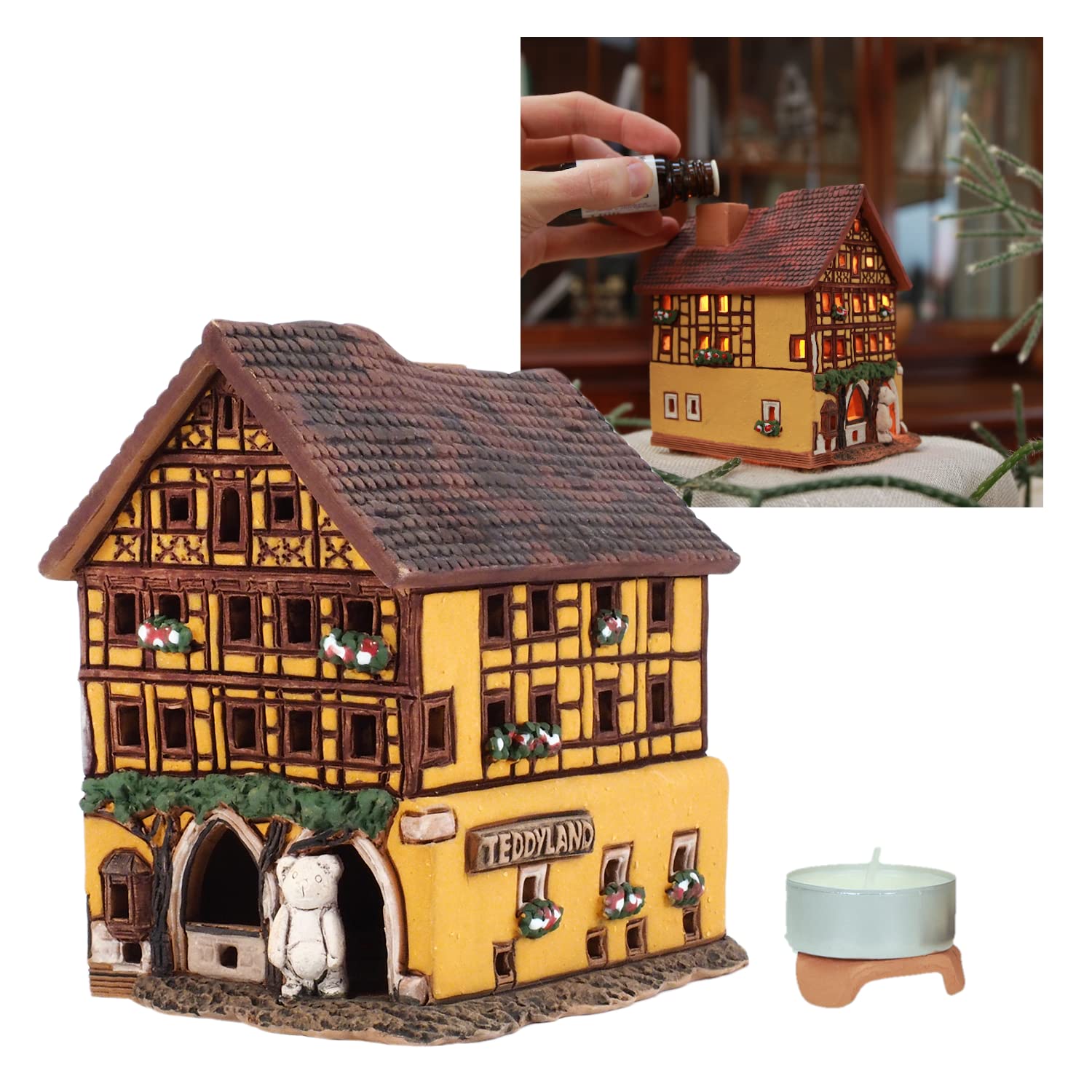 Midene Ceramic Miniature House in Rothenburg Tealight Candle Holder Room Decor Handcrafted Collectible Miniature Essential Oil Burner villge House