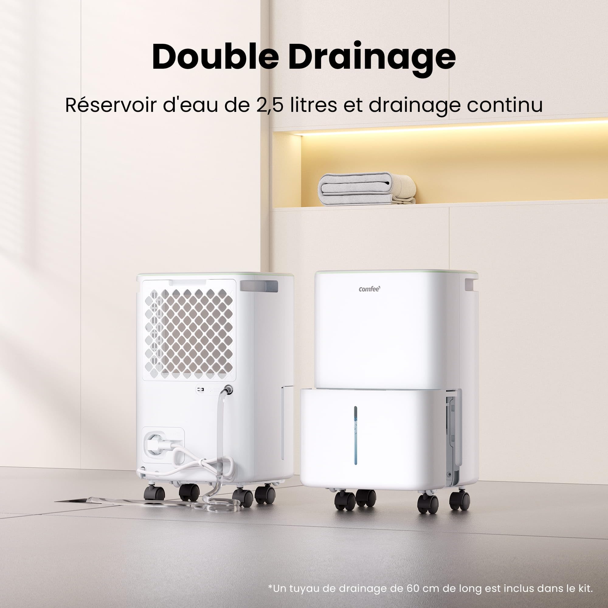 COMFEE' Déshumidificateur Compact, Absorbe jusqu'à 12L/jour, Mode silencieux, sécurité enfant, Minuterie 24H, Réservoir 2,5L, pour pièce de 20-35㎡, Aqua Dry 12