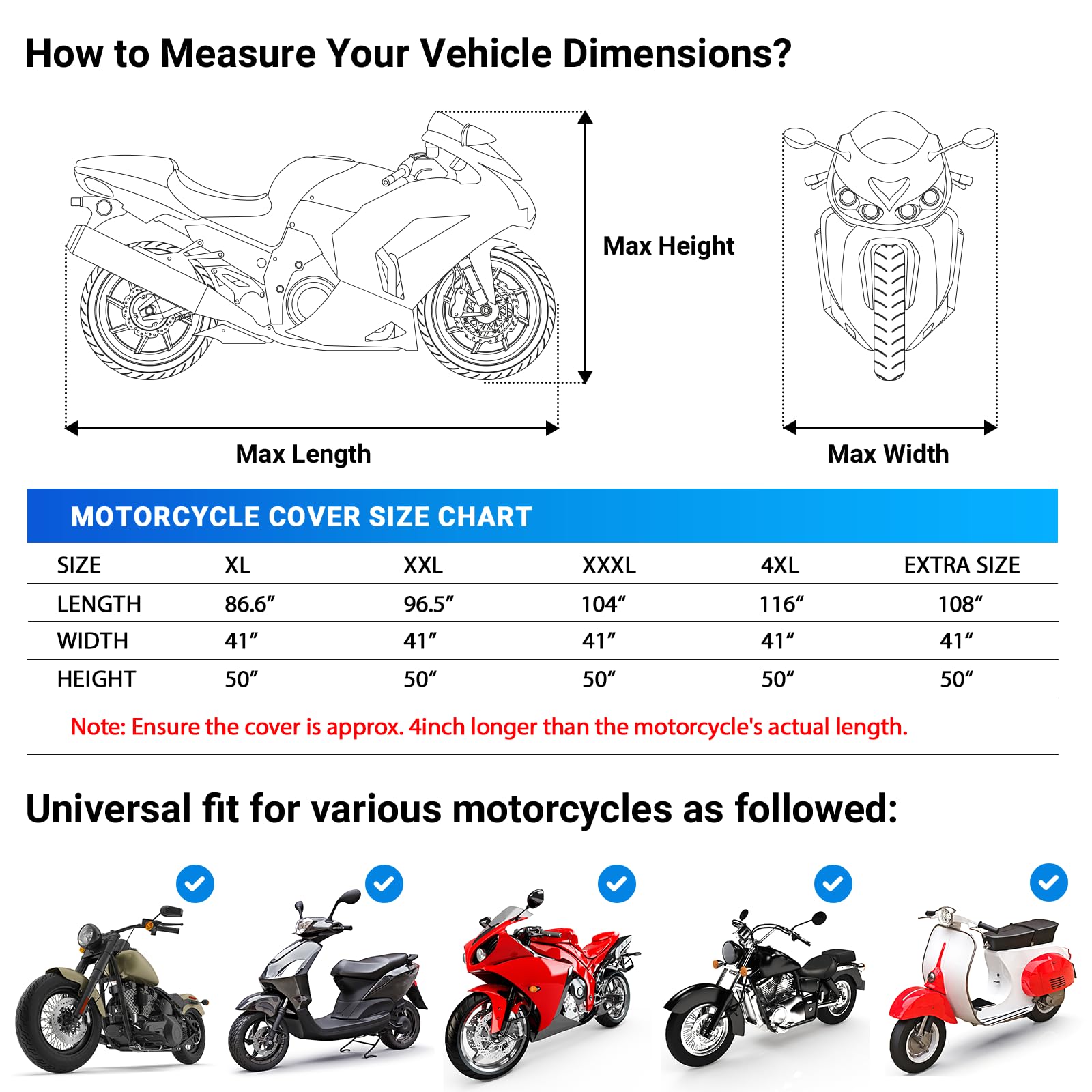 Favoto Funda Universal para Motocicleta para Todas Las Estaciones, Calidad climática, Impermeable, protección Solar al Aire Libre, Duradera, Reflectante, con Agujeros de Bloqueo y Bolsa de